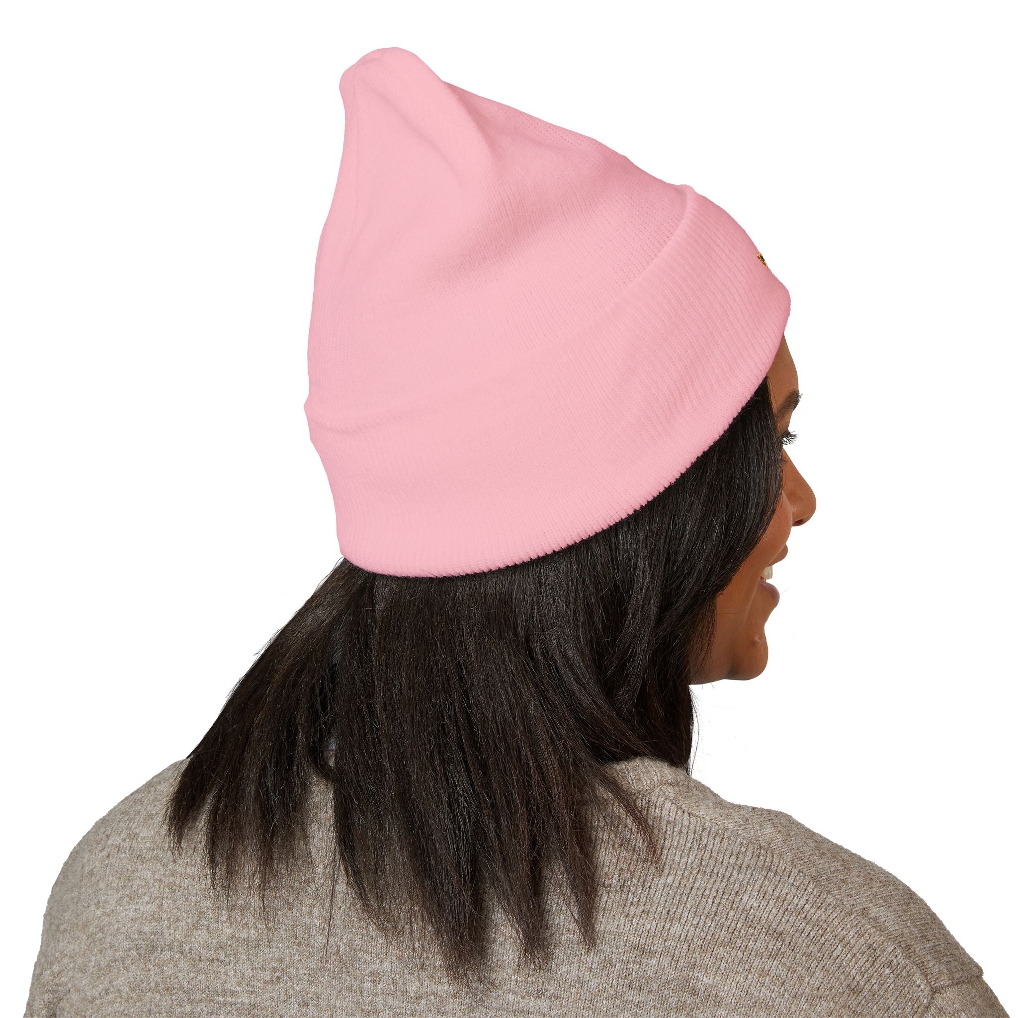 Gold Embroidered Smile Logo Beanie — Classic Cuffed Knit Hat