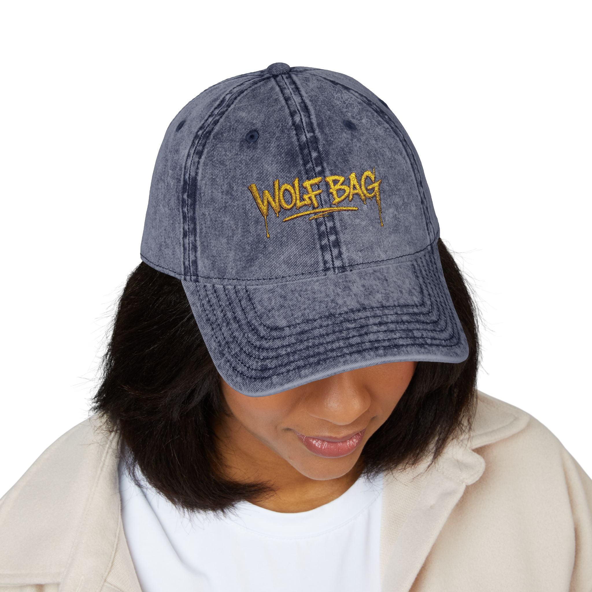 Wolf Bag Embroidered Vintage Cap - Distressed Retro Baseball Hat