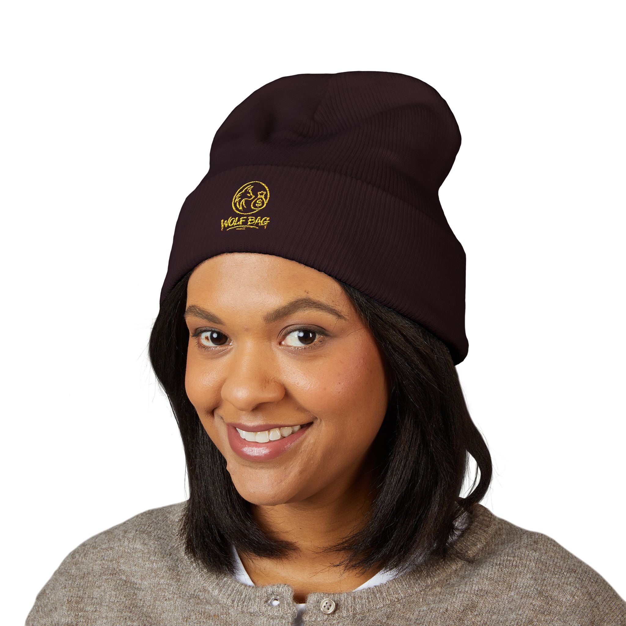 Gold Embroidered Smile Logo Beanie — Classic Cuffed Knit Hat
