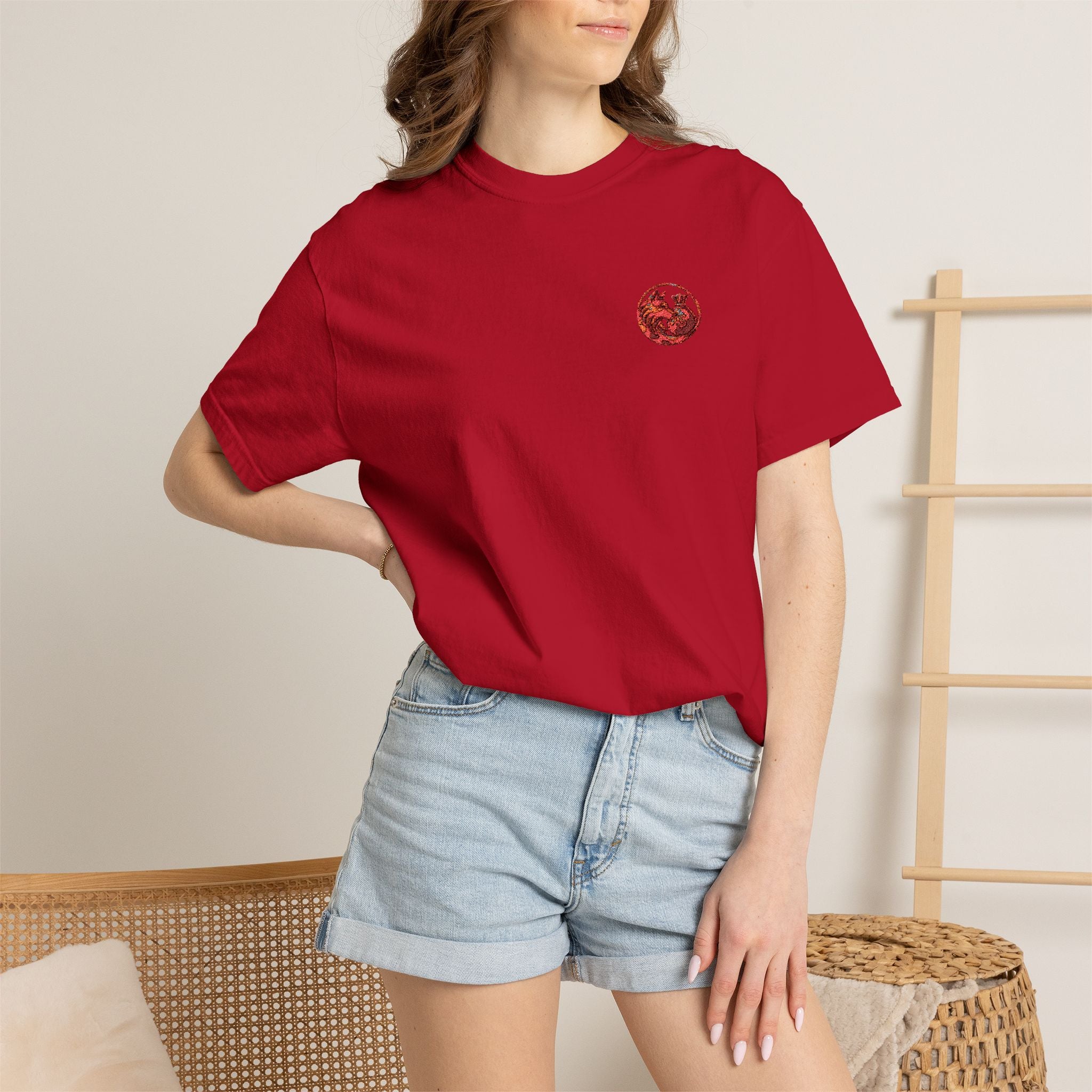 T-Shirt — Small Red Chest Print, Romantic Casual Tee
