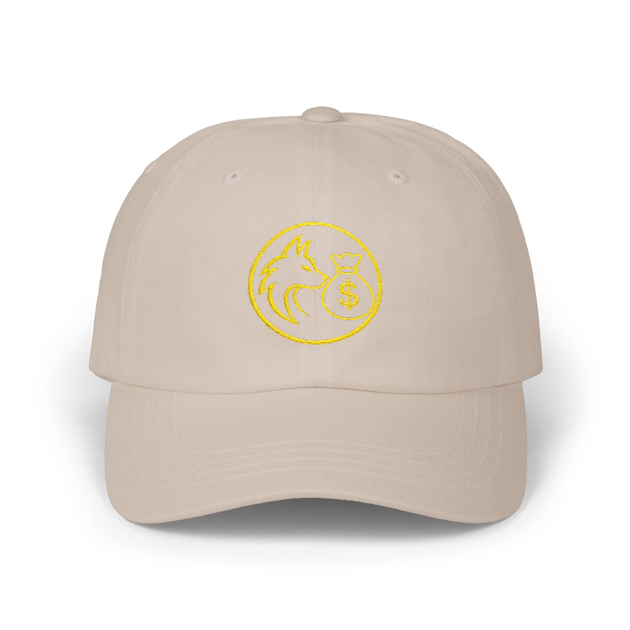Dad Cap — Gold Wolf & Coin Embroidered Baseball Hat
