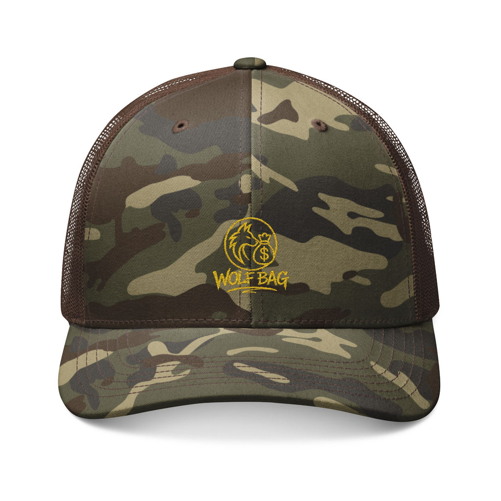 Camo Trucker Hat — Embroidered 'Wolf Bag' Logo