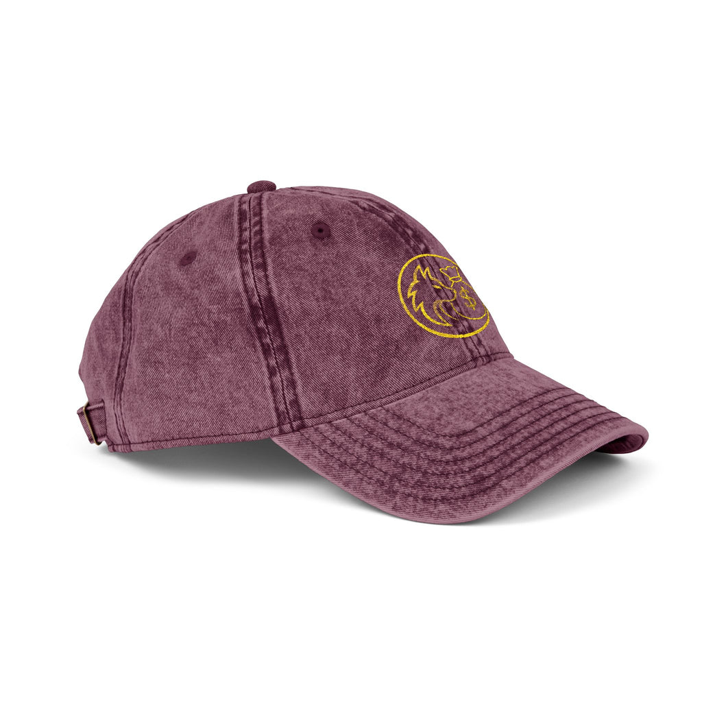 Vintage Embroidered Red Cap — Retro Distressed Hat with Golden Crest