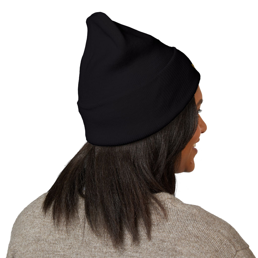 Gold Embroidered Smile Logo Beanie — Classic Cuffed Knit Hat