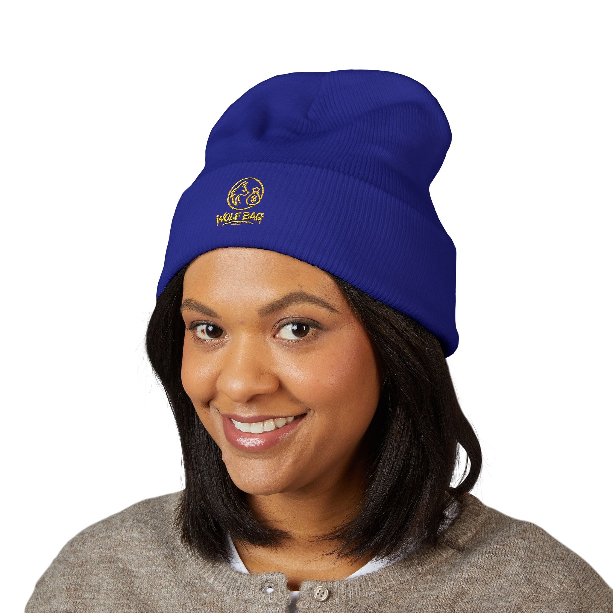 Gold Embroidered Smile Logo Beanie — Classic Cuffed Knit Hat