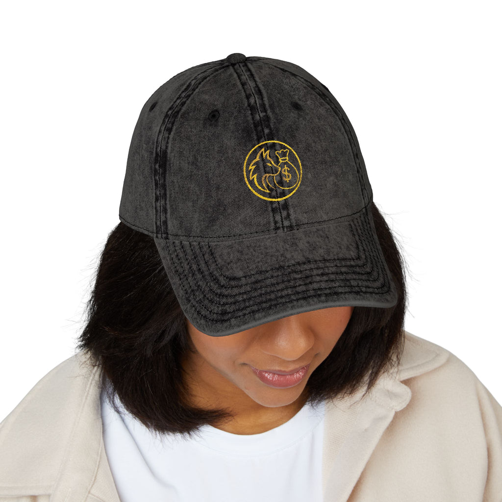 Vintage Embroidered Red Cap — Retro Distressed Hat with Golden Crest
