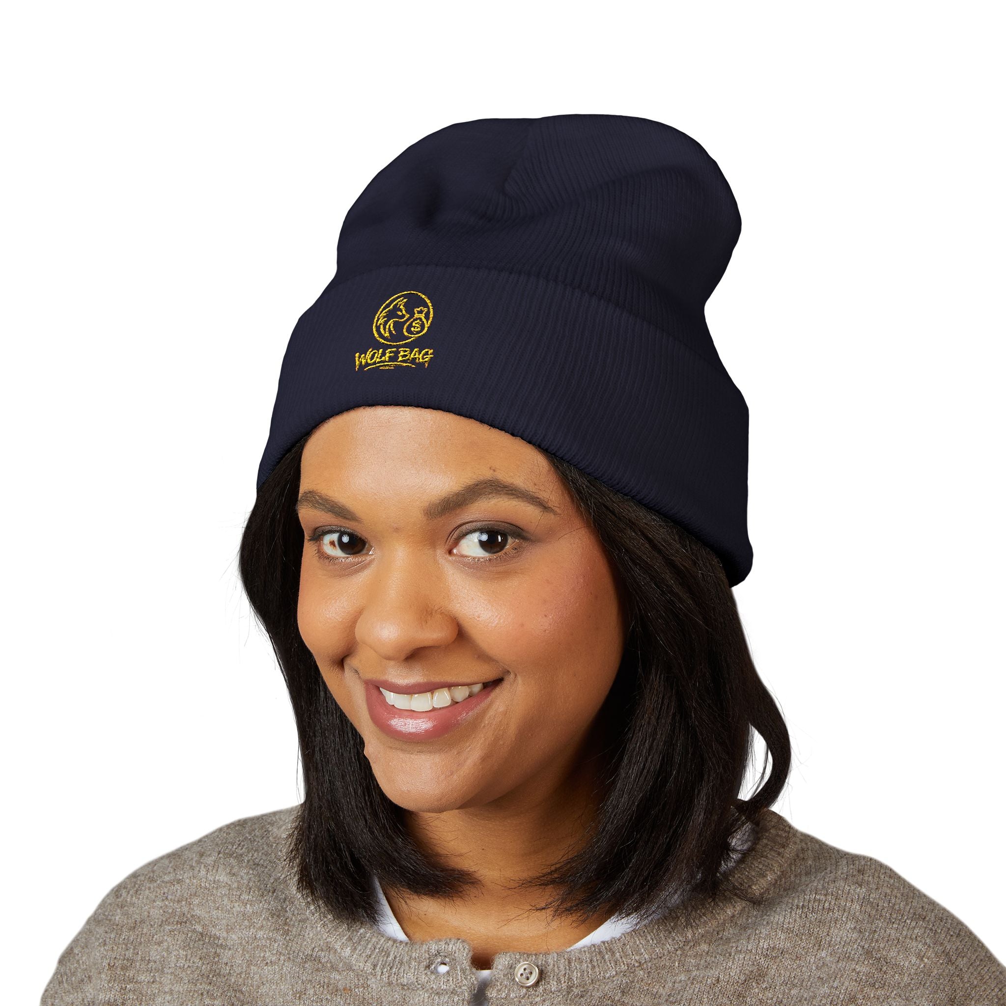 Gold Embroidered Smile Logo Beanie — Classic Cuffed Knit Hat