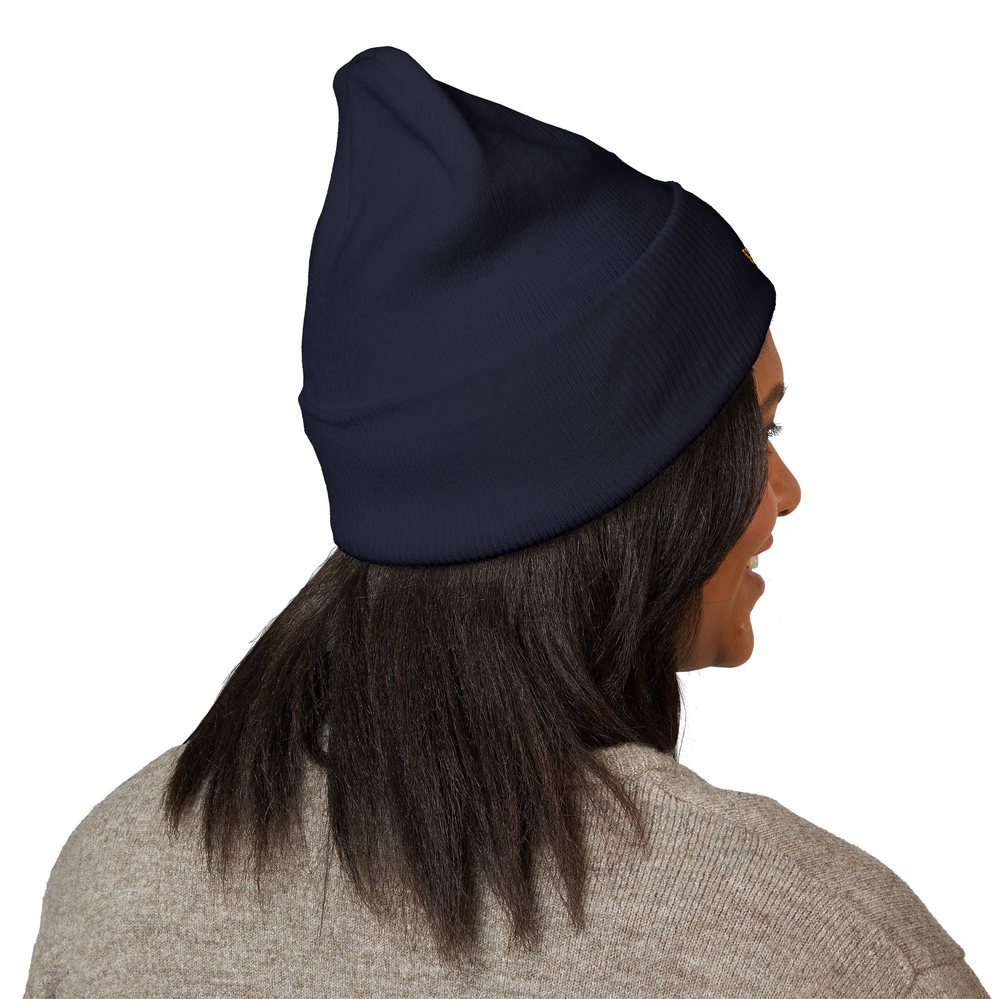 Gold Embroidered Smile Logo Beanie — Classic Cuffed Knit Hat