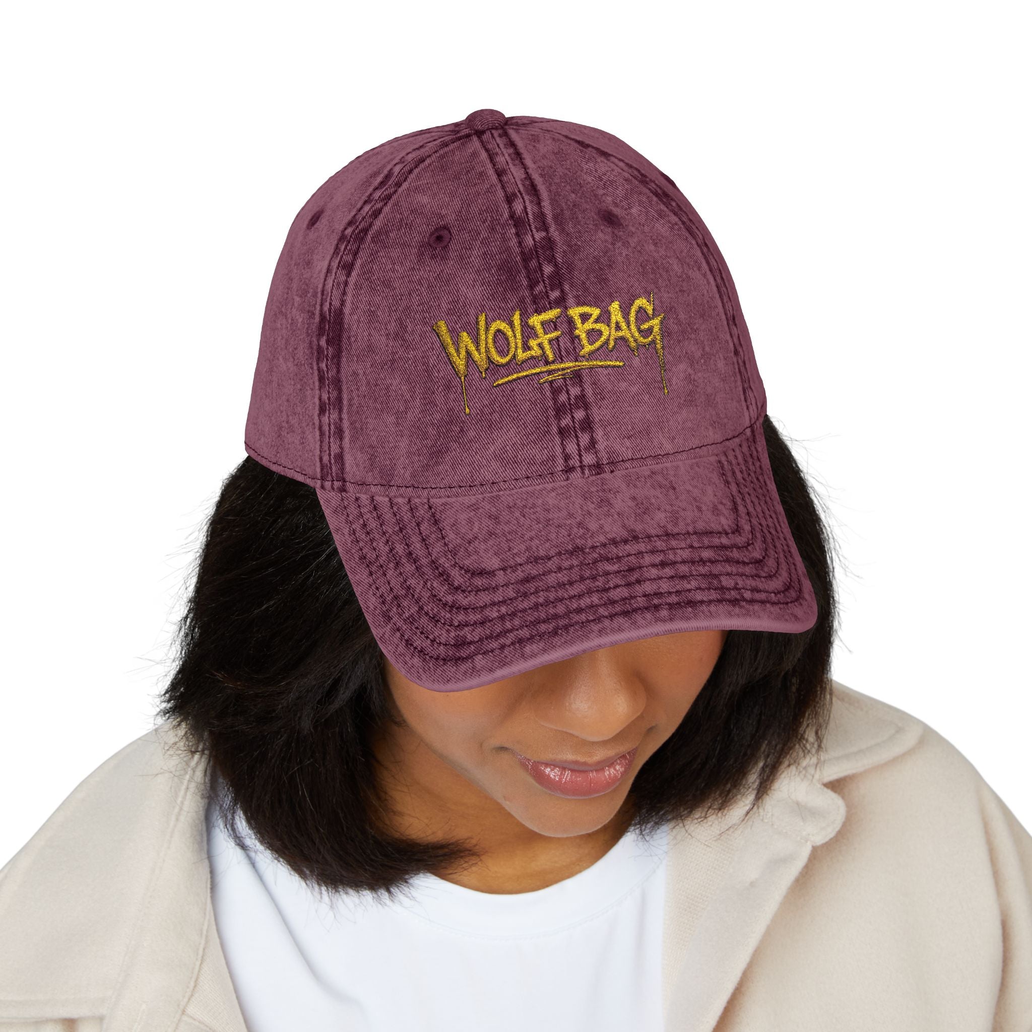 Wolf Bag Embroidered Vintage Cap - Distressed Retro Baseball Hat