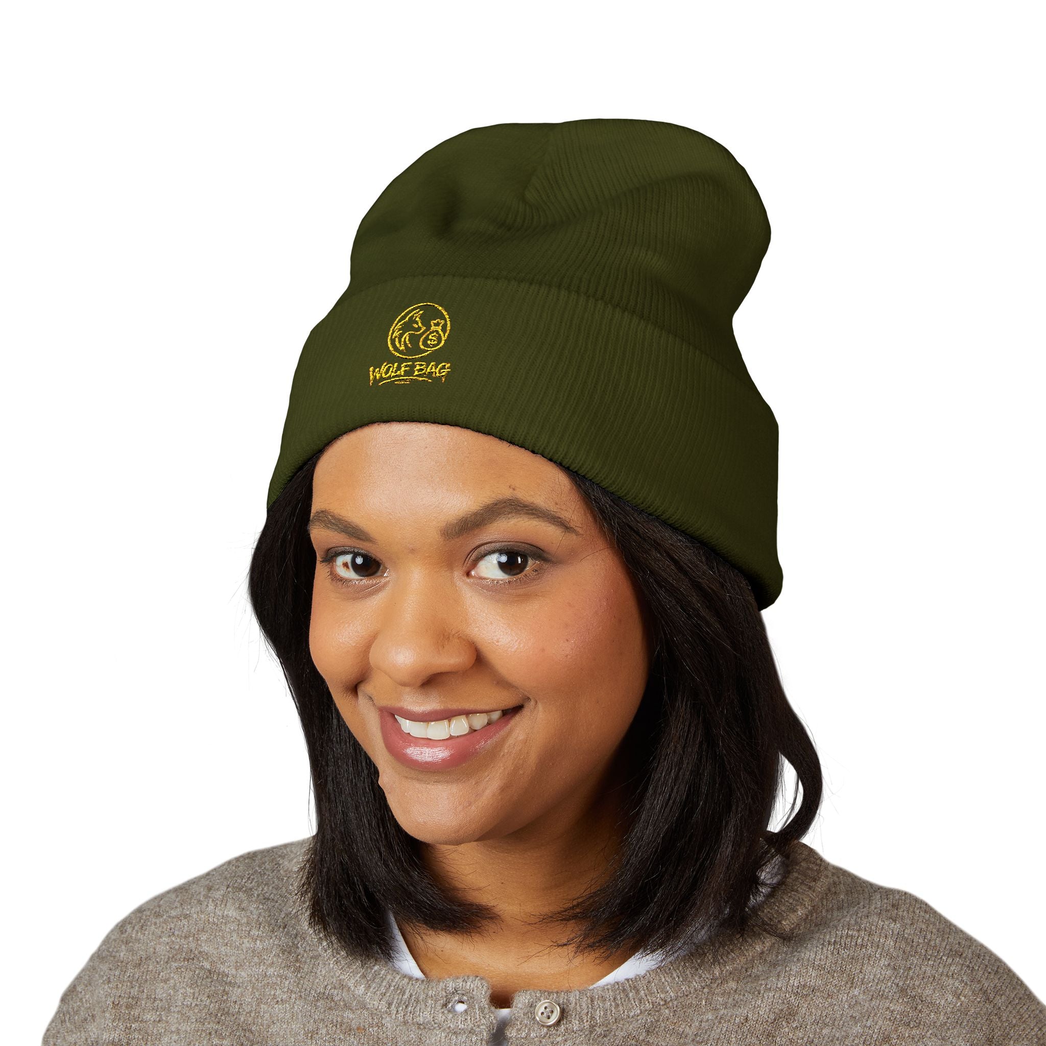 Gold Embroidered Smile Logo Beanie — Classic Cuffed Knit Hat
