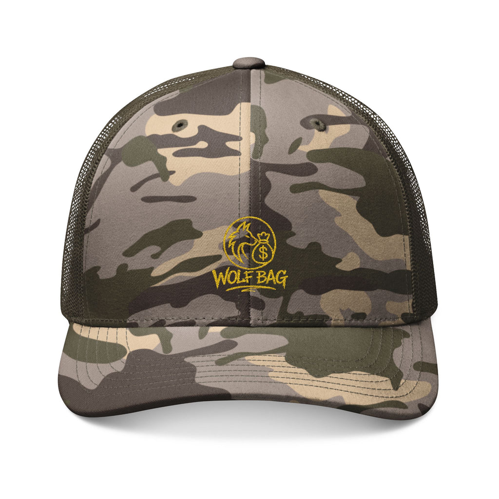 Camo Trucker Hat — Embroidered 'Wolf Bag' Logo