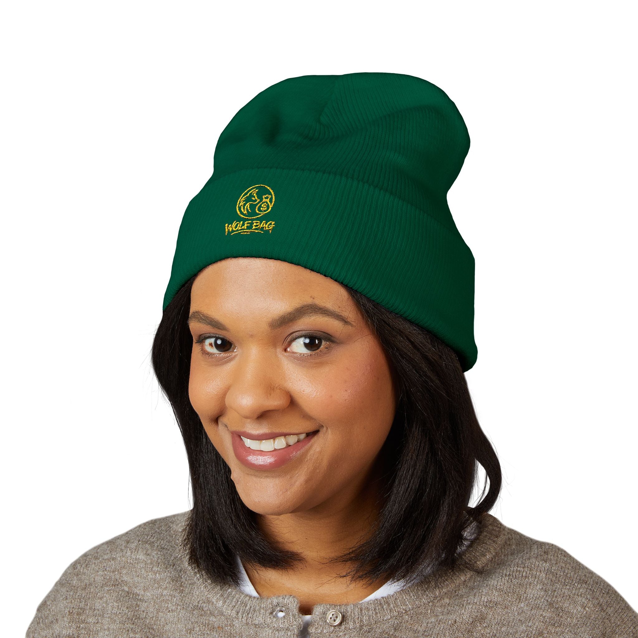 Gold Embroidered Smile Logo Beanie — Classic Cuffed Knit Hat