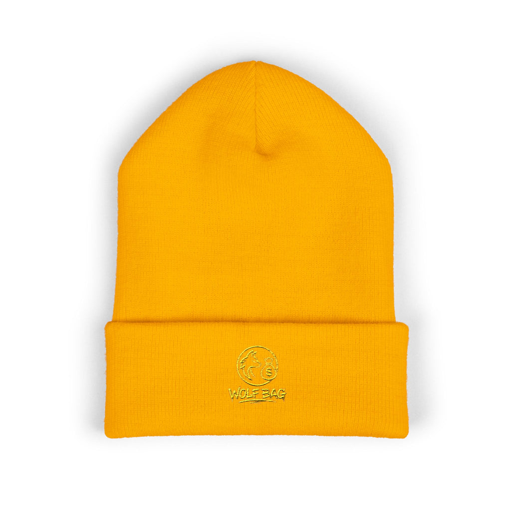 Gold Embroidered Smile Logo Beanie — Classic Cuffed Knit Hat