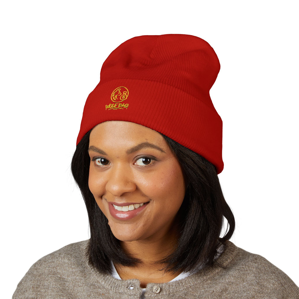 Gold Embroidered Smile Logo Beanie — Classic Cuffed Knit Hat