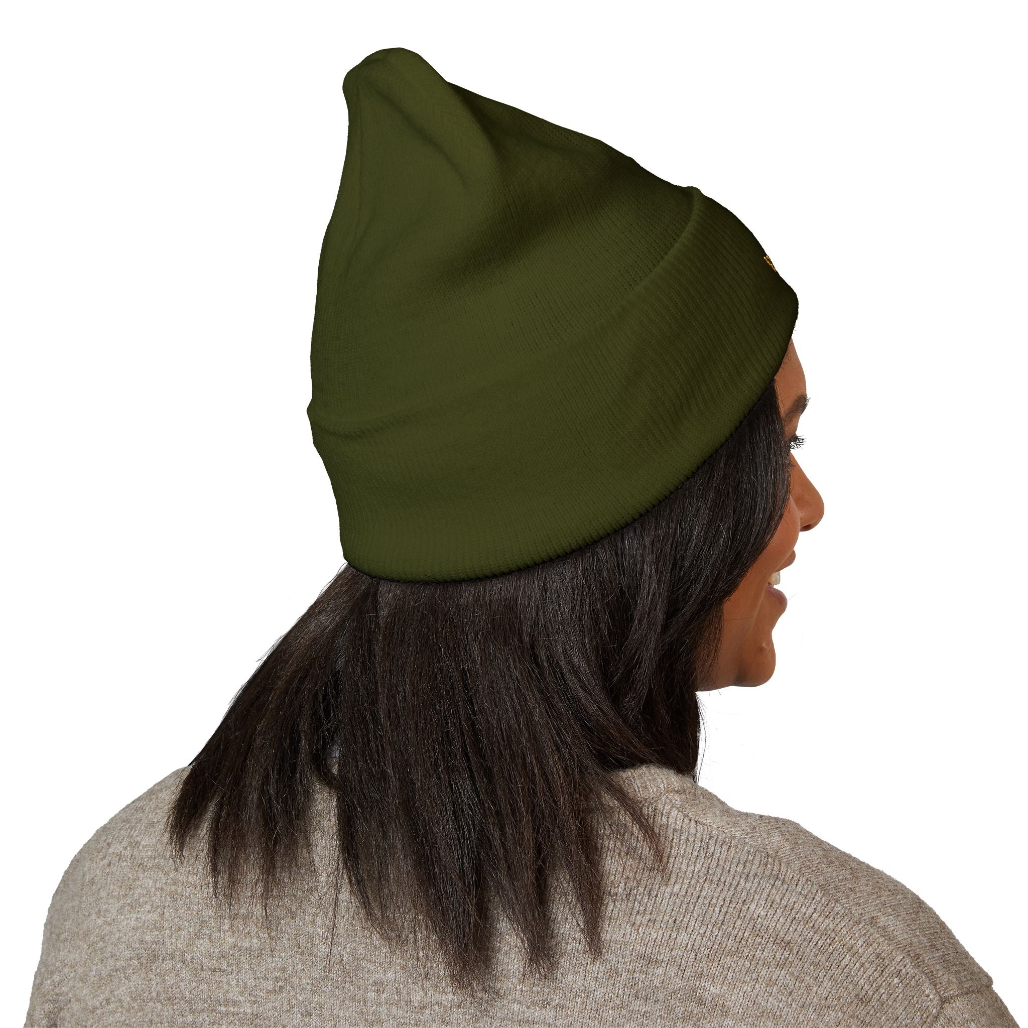 Gold Embroidered Smile Logo Beanie — Classic Cuffed Knit Hat