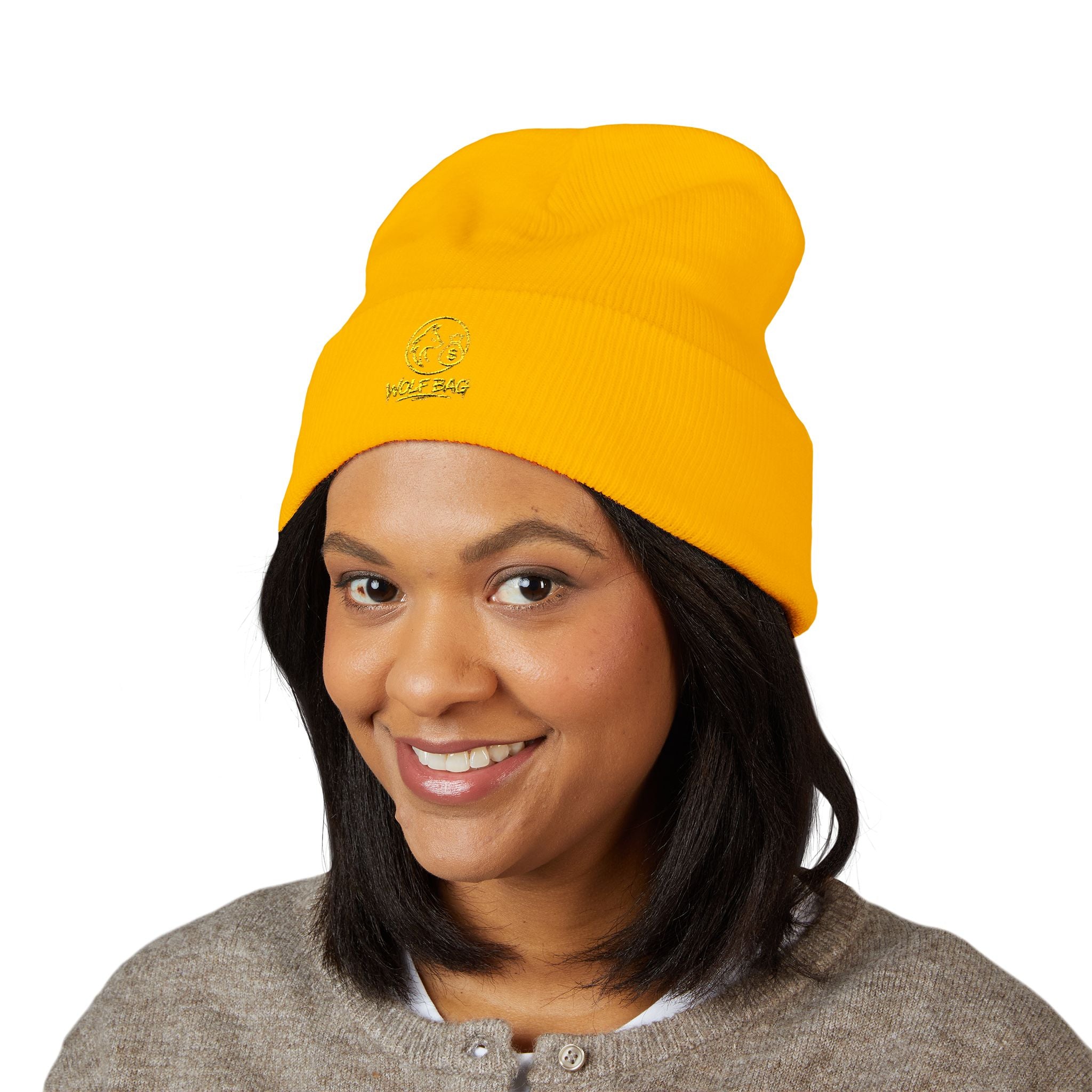 Gold Embroidered Smile Logo Beanie — Classic Cuffed Knit Hat