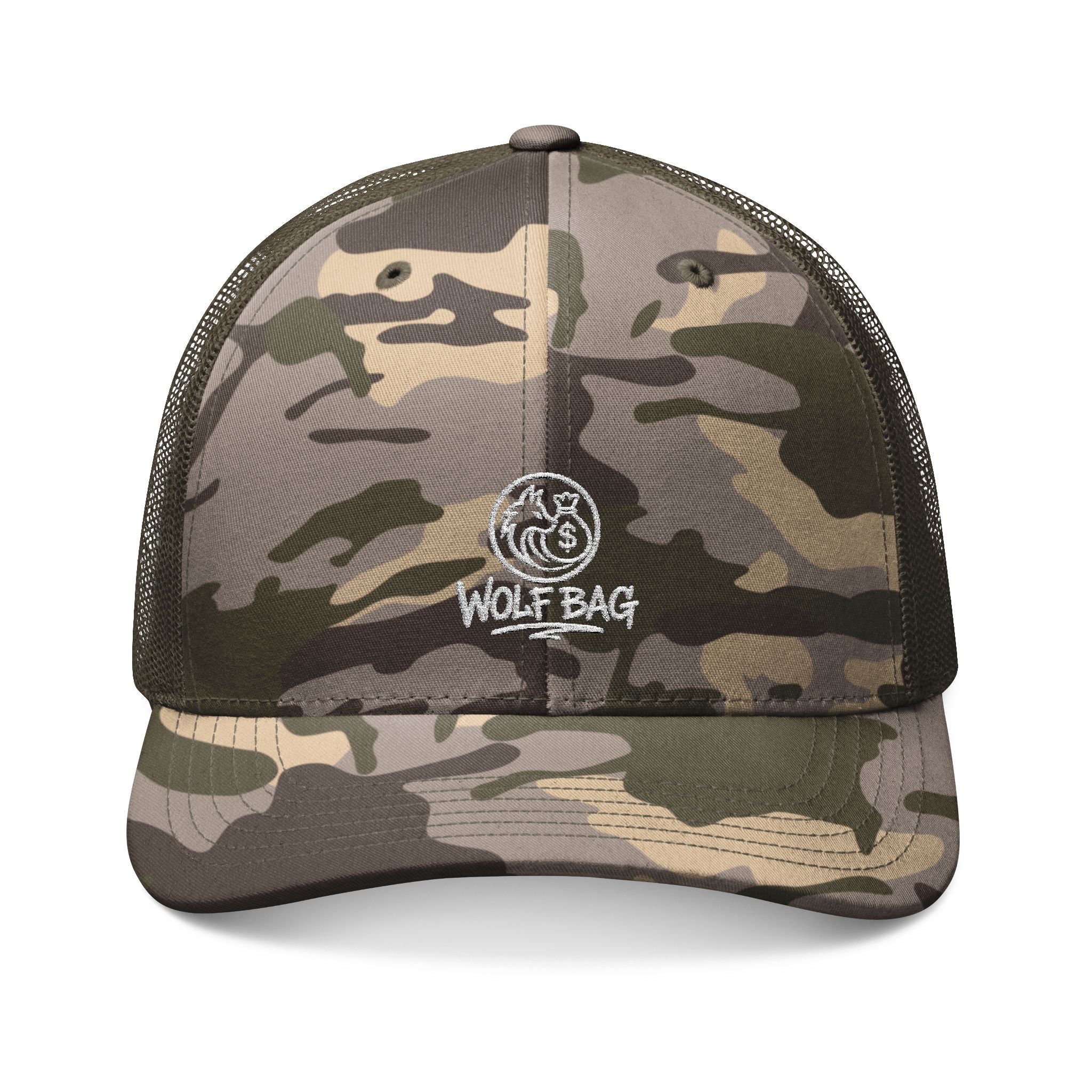 Camouflage Trucker Hat — Embroidered Wolf Pack Logo