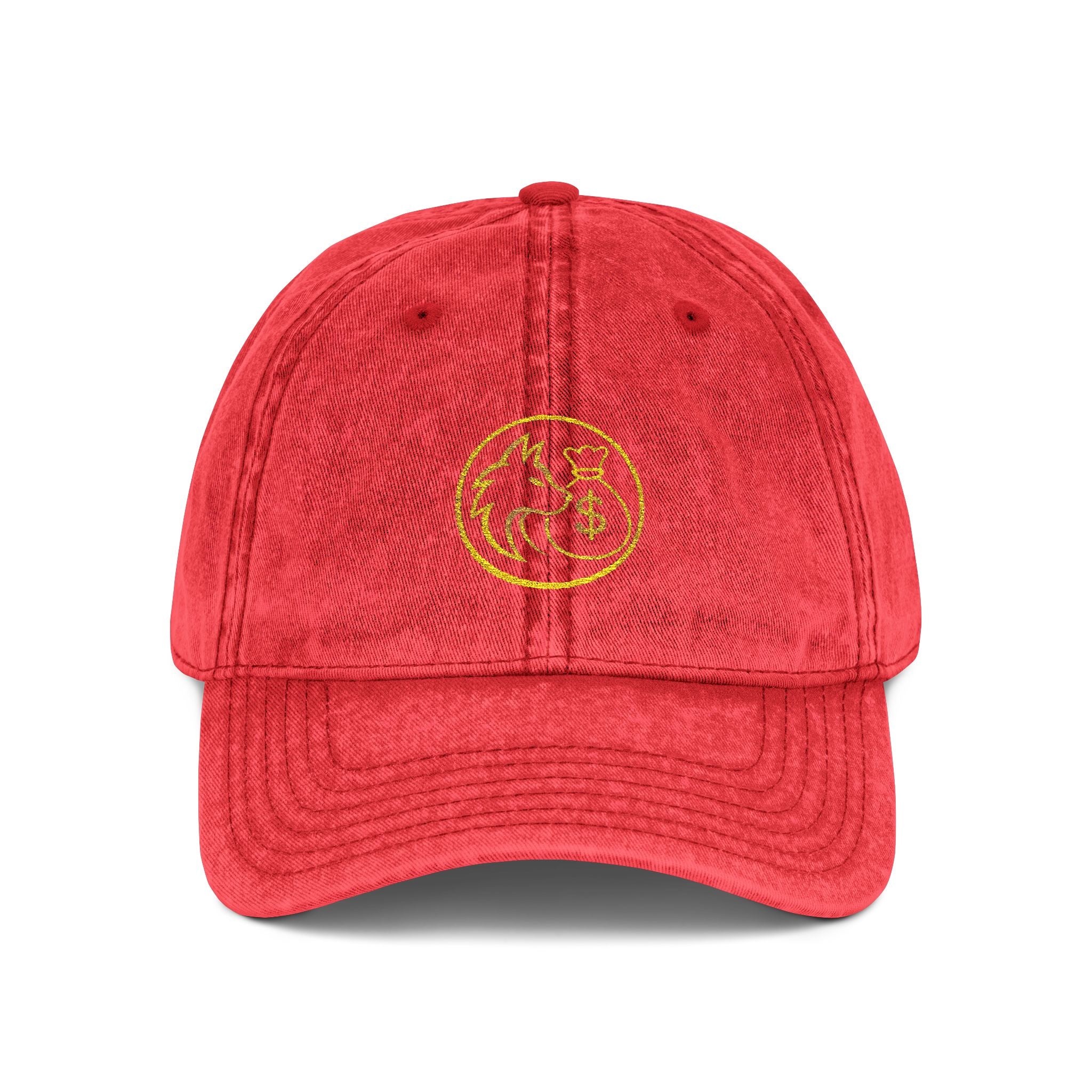 Vintage Embroidered Red Cap — Retro Distressed Hat with Golden Crest