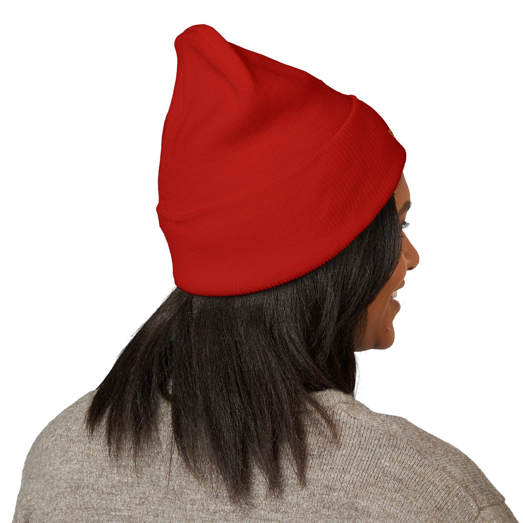 Gold Embroidered Smile Logo Beanie — Classic Cuffed Knit Hat
