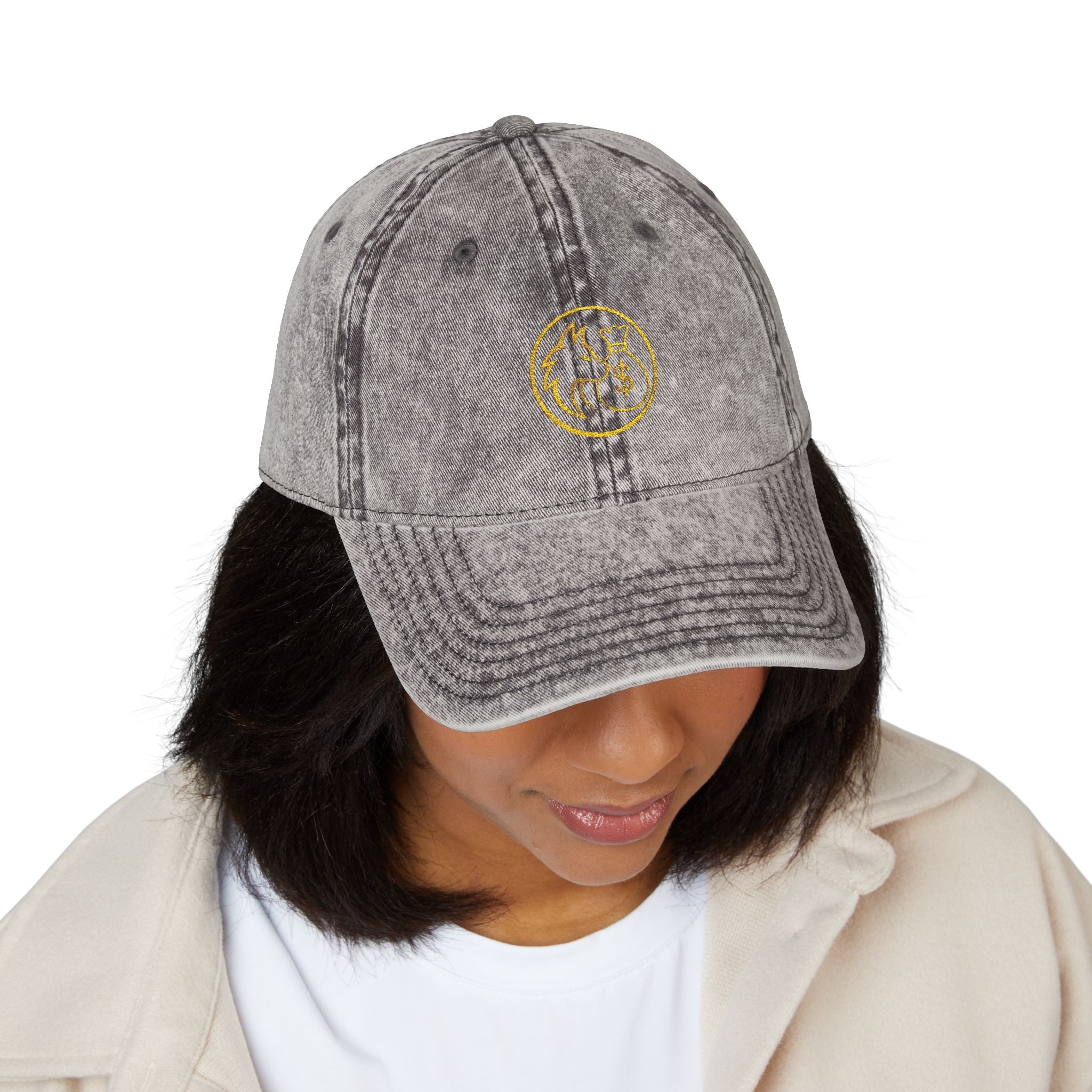 Vintage Embroidered Red Cap — Retro Distressed Hat with Golden Crest