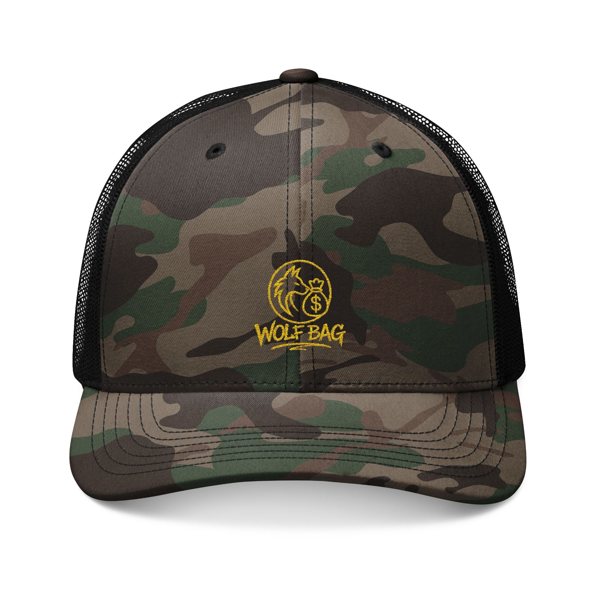 Camo Trucker Hat — Embroidered 'Wolf Bag' Logo