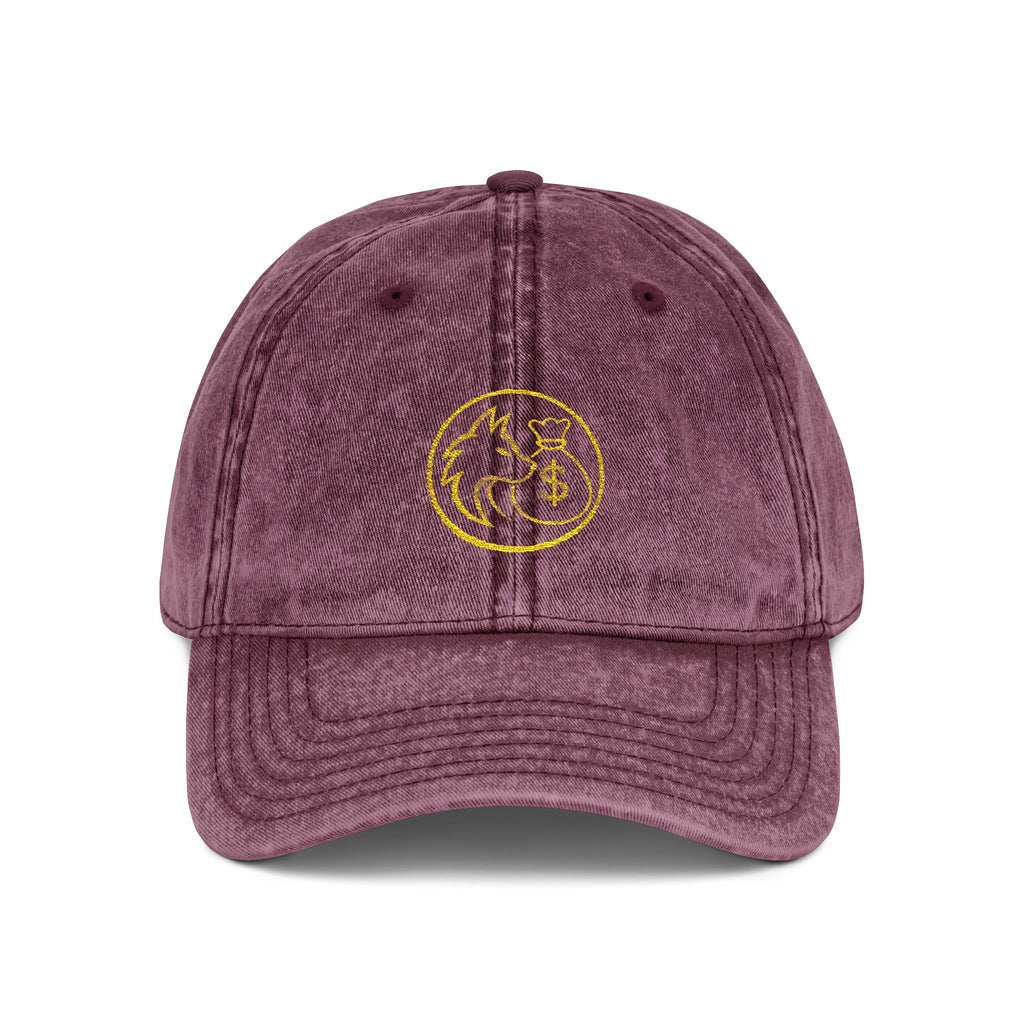 Vintage Embroidered Red Cap — Retro Distressed Hat with Golden Crest