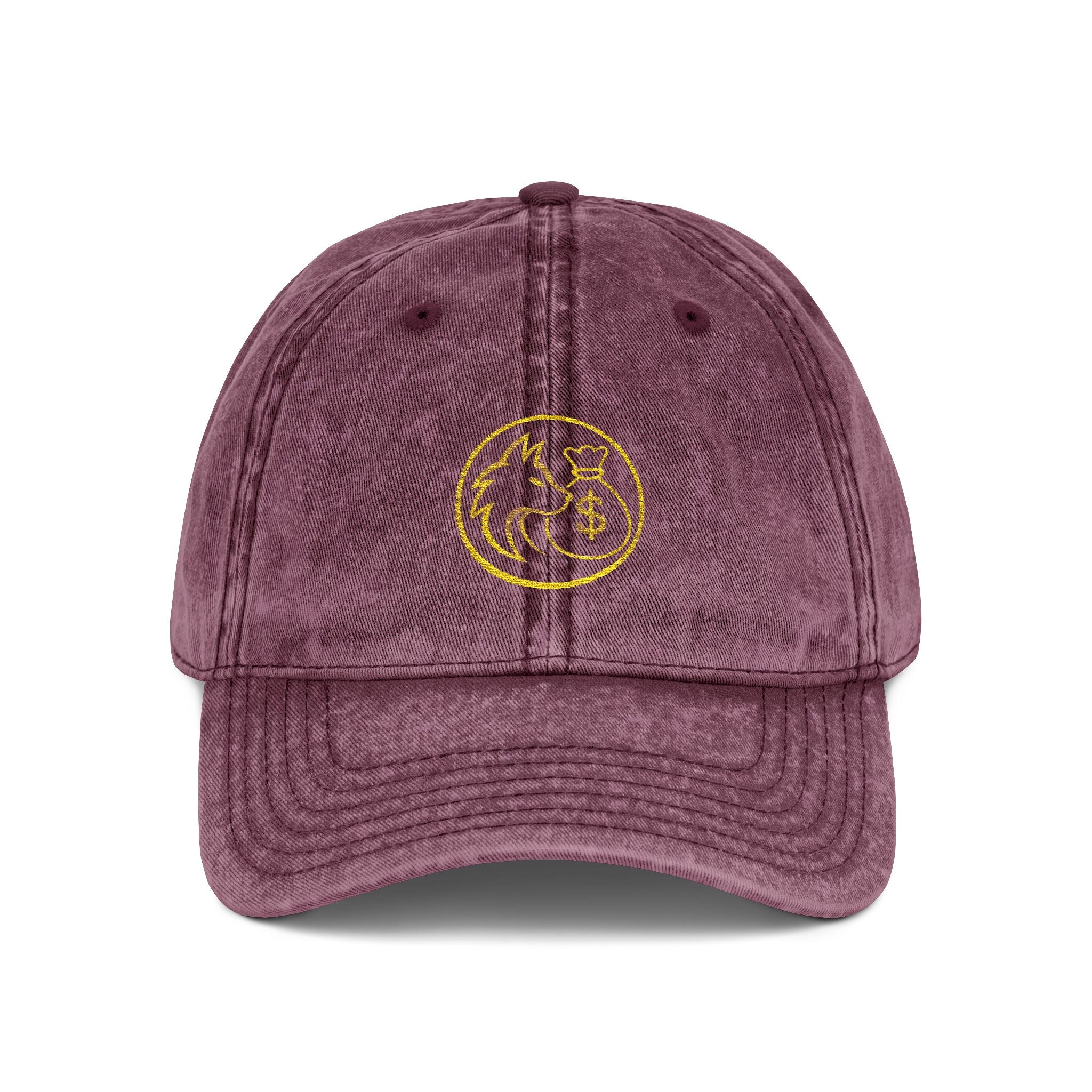 Vintage Embroidered Red Cap — Retro Distressed Hat with Golden Crest