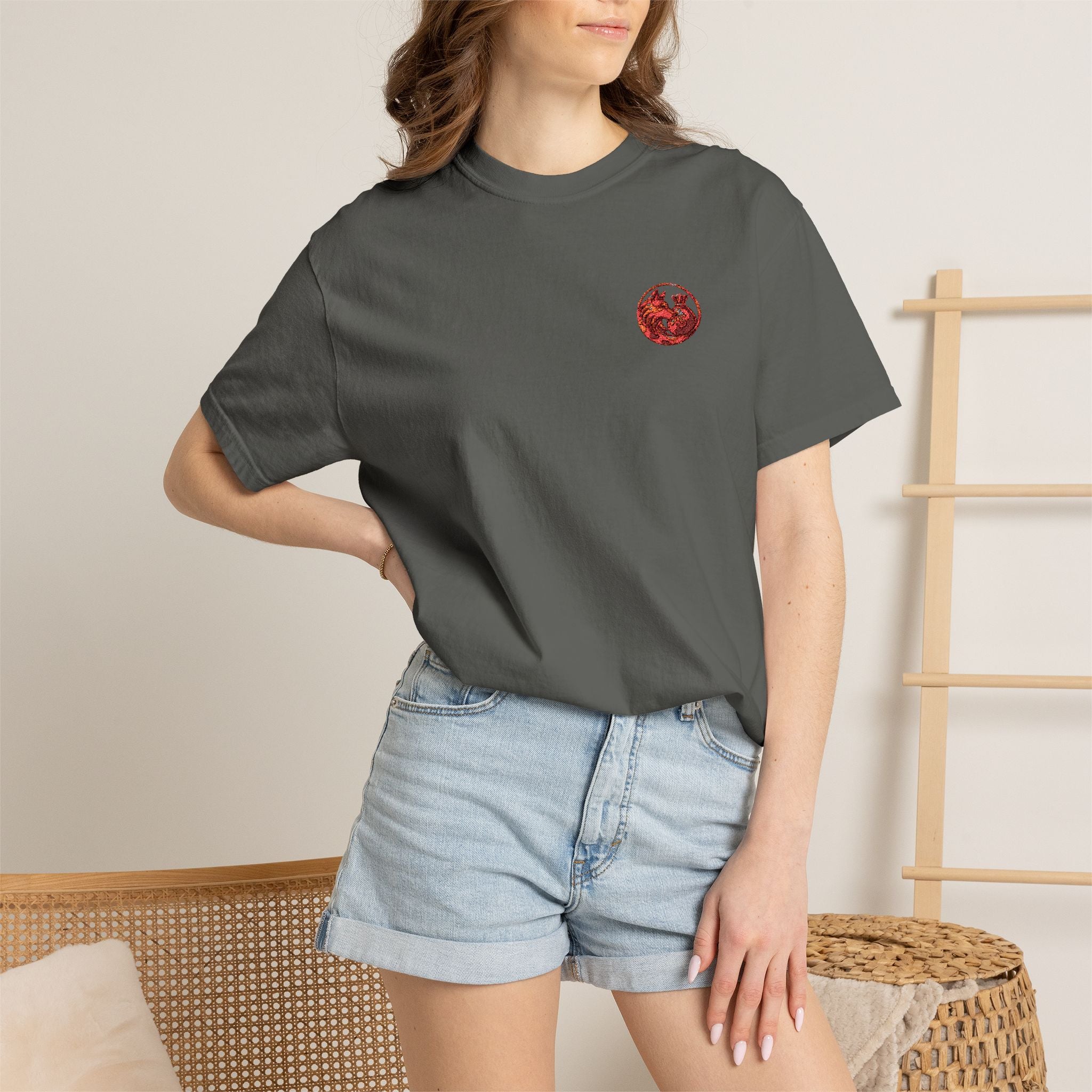 T-Shirt — Small Red Chest Print, Romantic Casual Tee