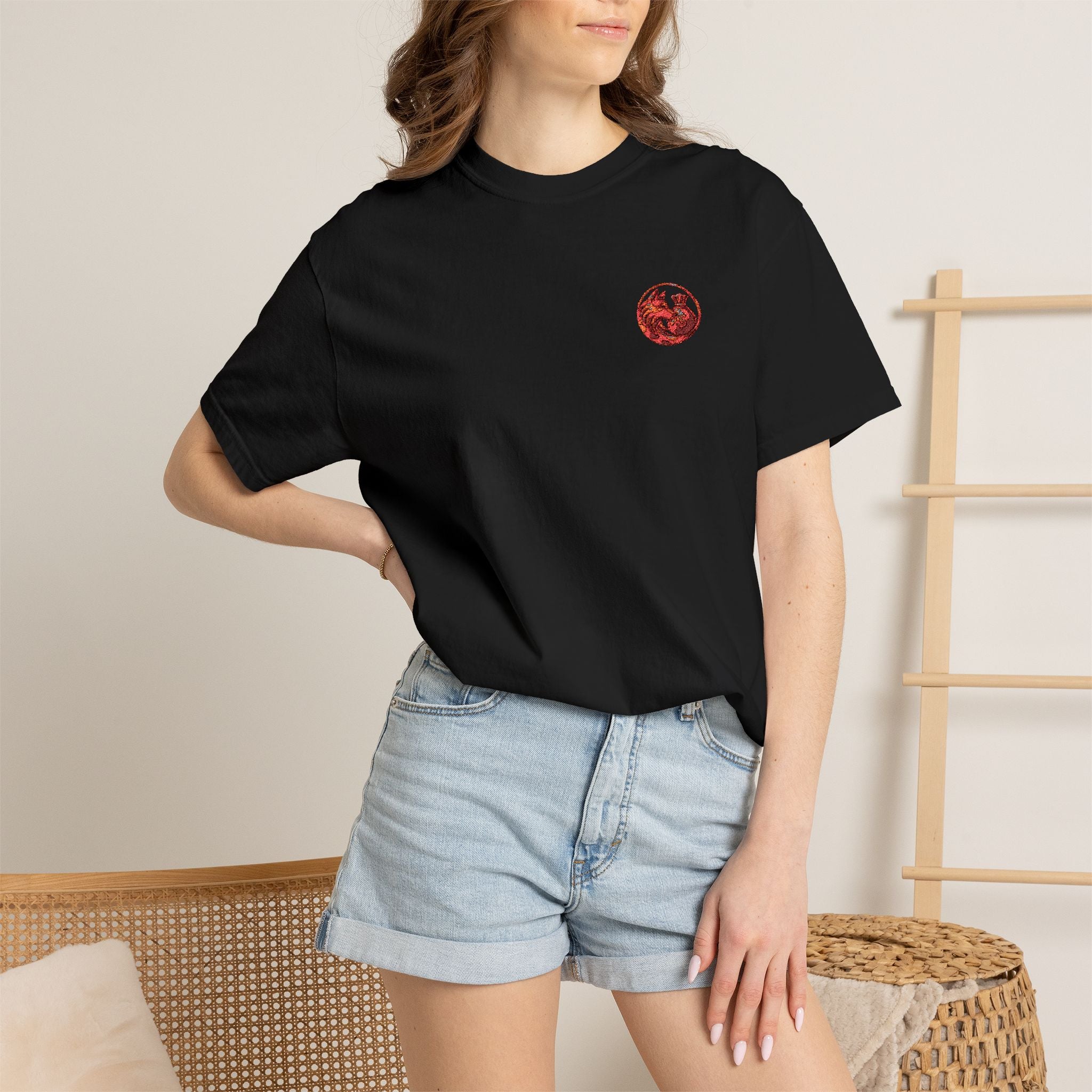 T-Shirt — Small Red Chest Print, Romantic Casual Tee