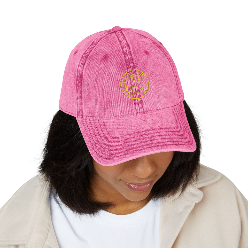 Vintage Embroidered Red Cap — Retro Distressed Hat with Golden Crest