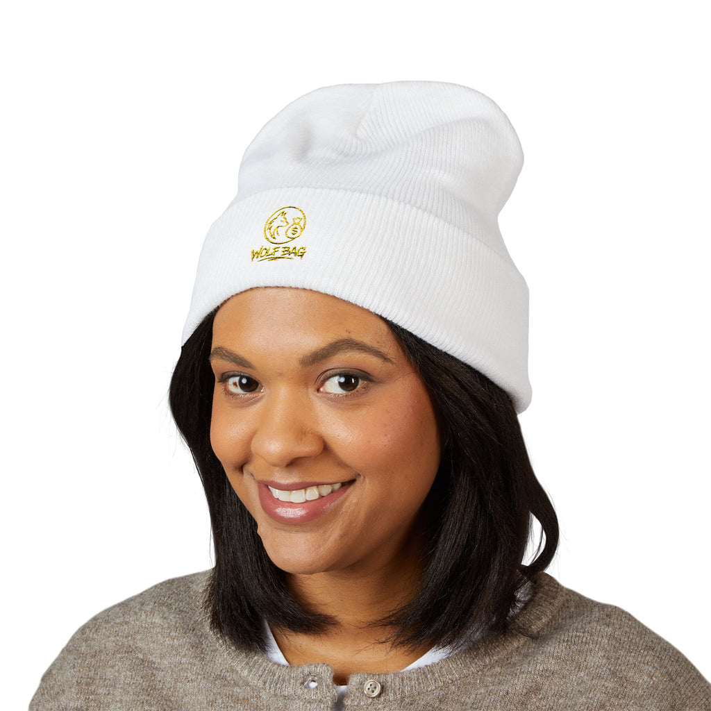 Gold Embroidered Smile Logo Beanie — Classic Cuffed Knit Hat