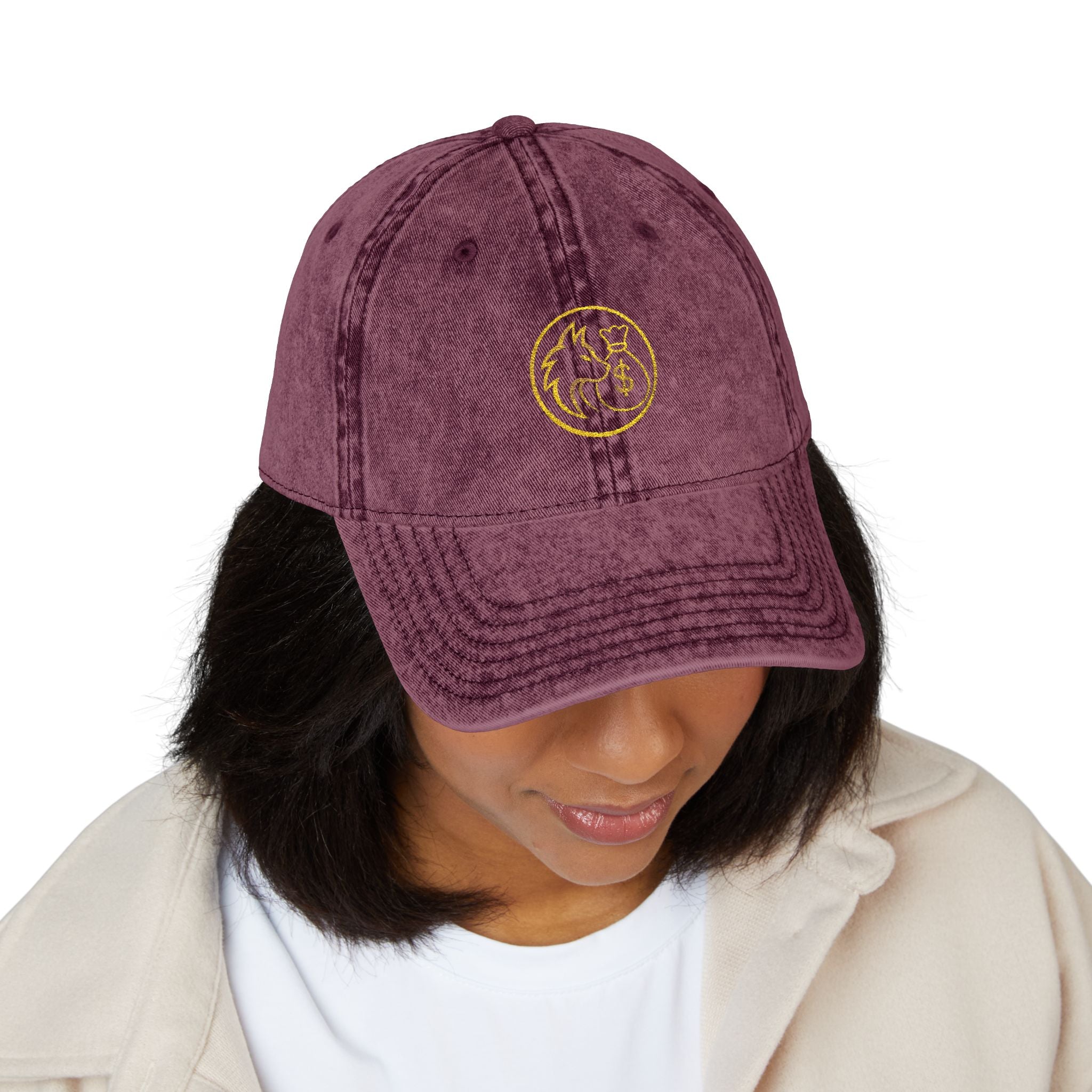 Vintage Embroidered Red Cap — Retro Distressed Hat with Golden Crest