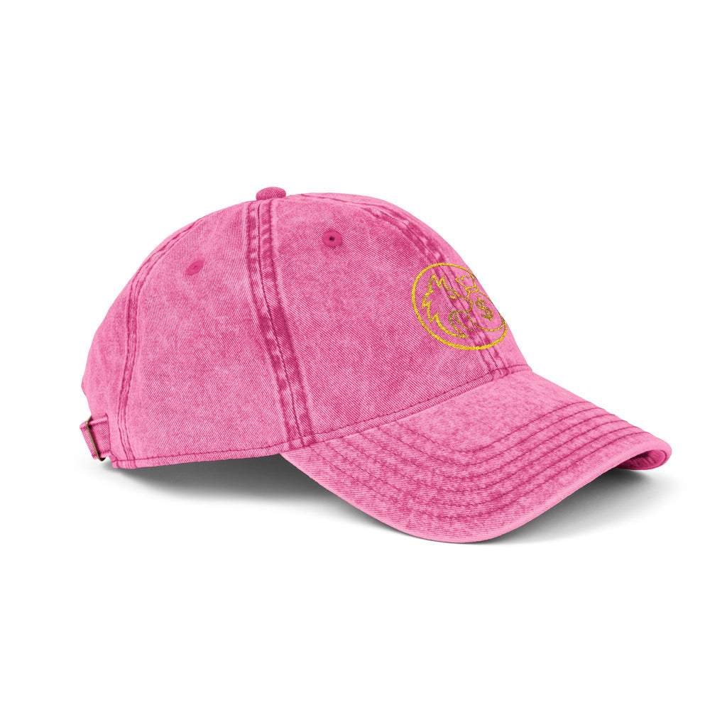 Vintage Embroidered Red Cap — Retro Distressed Hat with Golden Crest