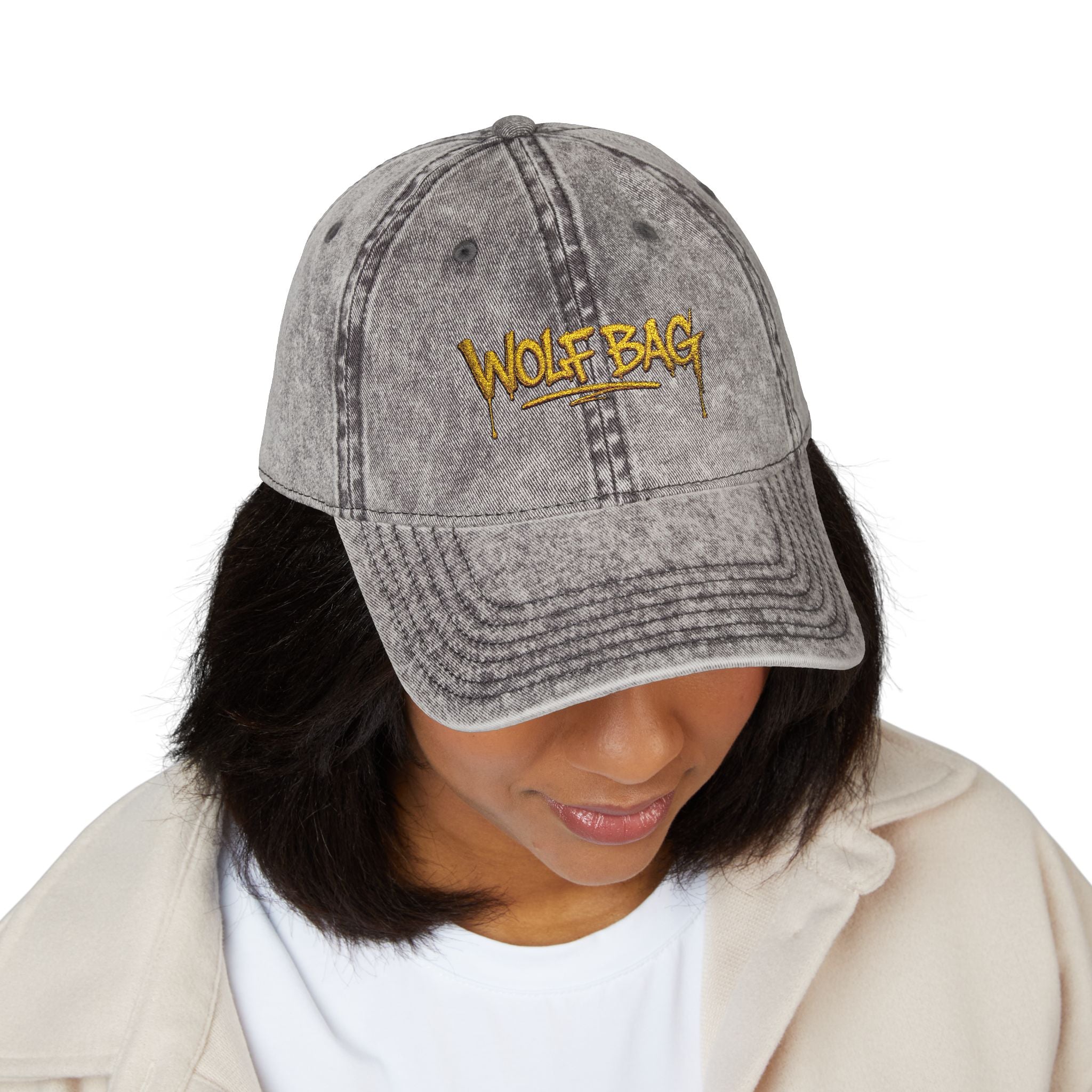 Wolf Bag Embroidered Vintage Cap - Distressed Retro Baseball Hat