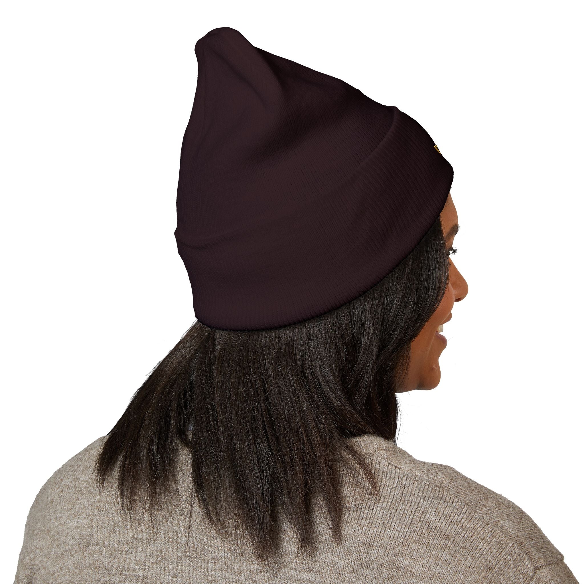 Gold Embroidered Smile Logo Beanie — Classic Cuffed Knit Hat