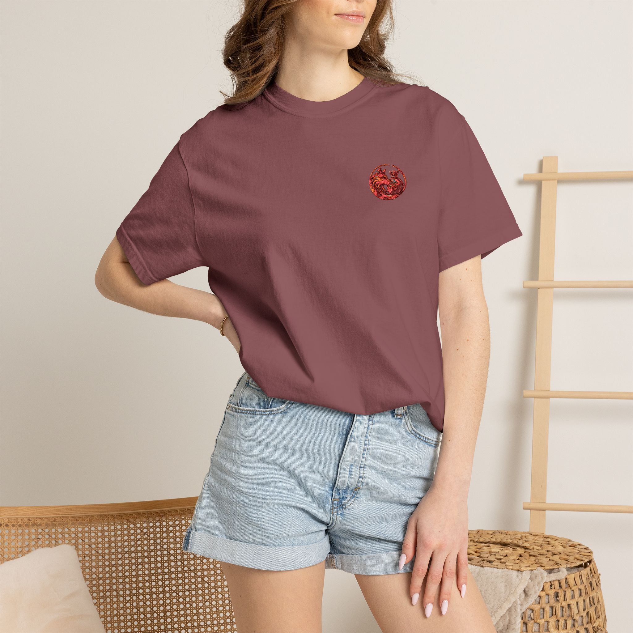 T-Shirt — Small Red Chest Print, Romantic Casual Tee