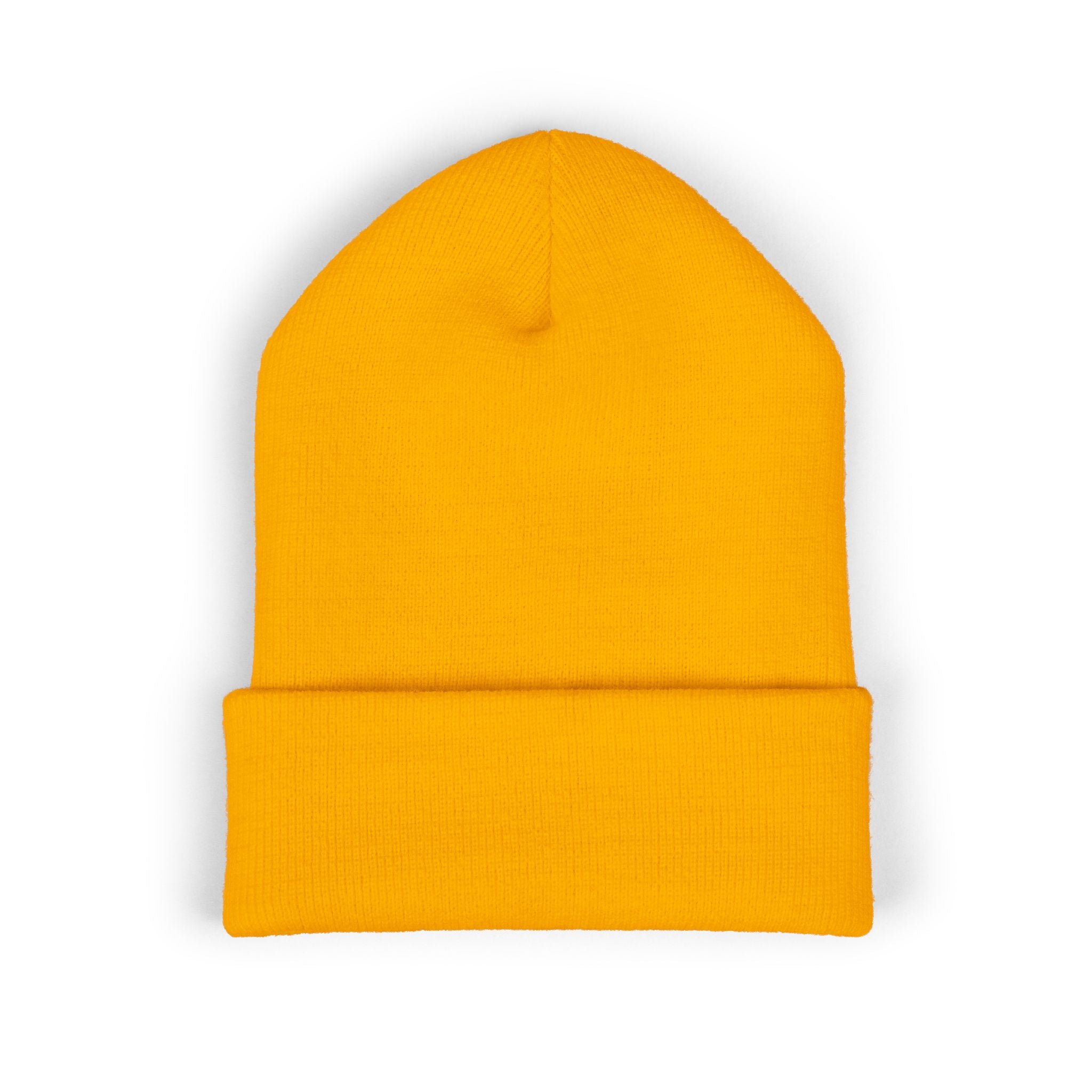 Gold Embroidered Smile Logo Beanie — Classic Cuffed Knit Hat