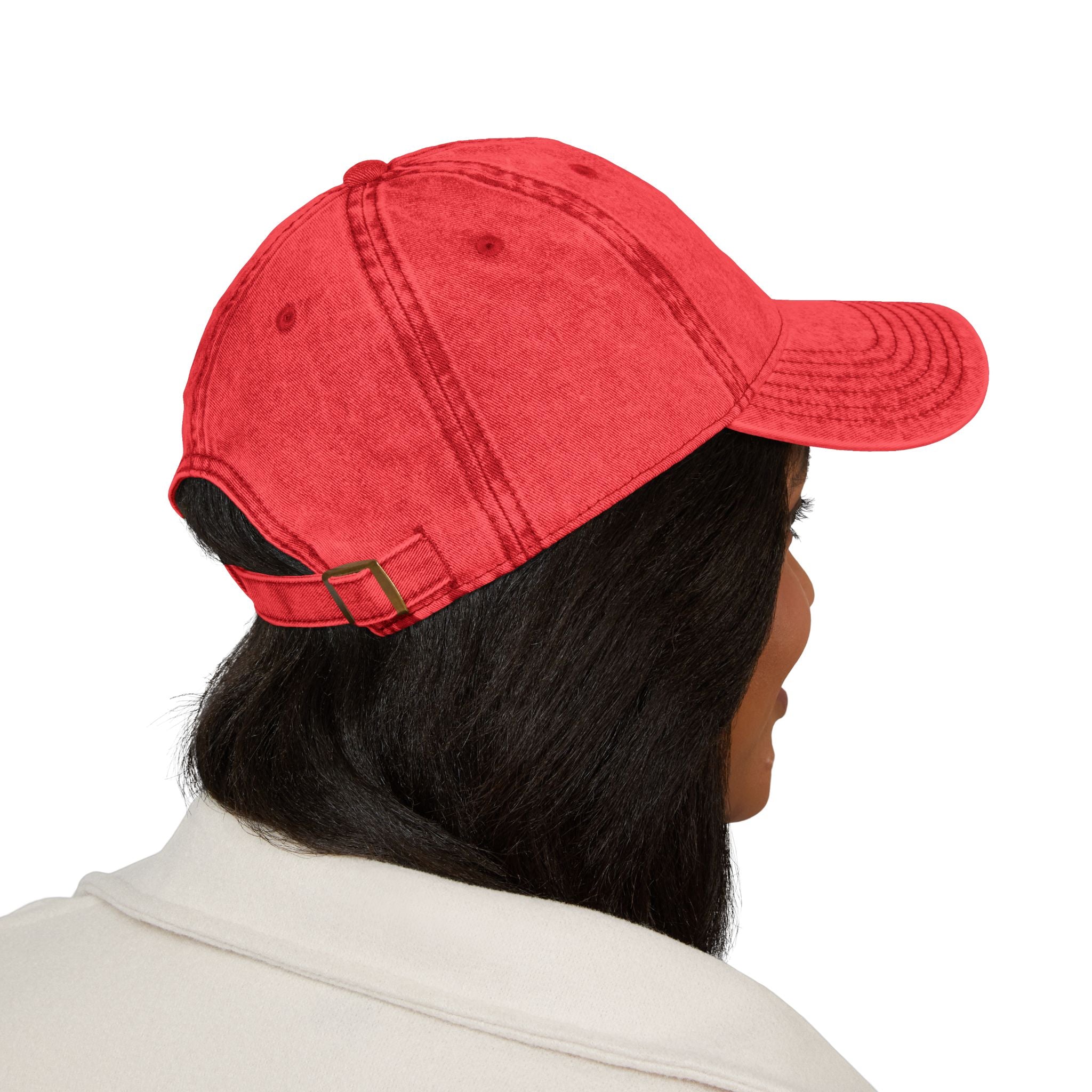 Vintage Embroidered Red Cap — Retro Distressed Hat with Golden Crest