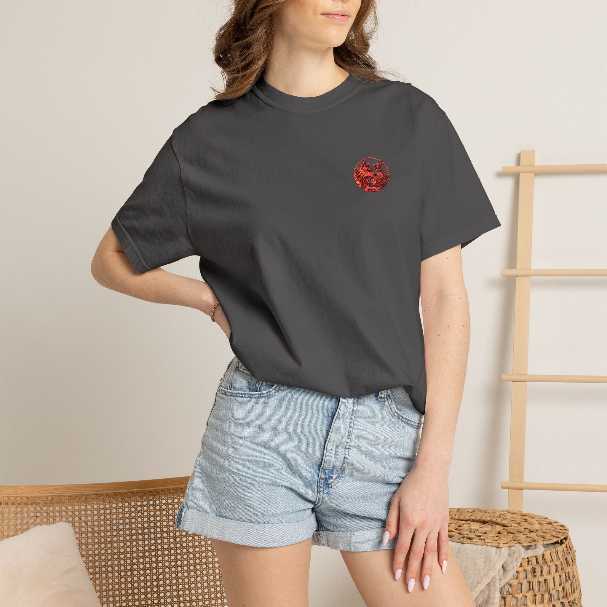 T-Shirt — Small Red Chest Print, Romantic Casual Tee