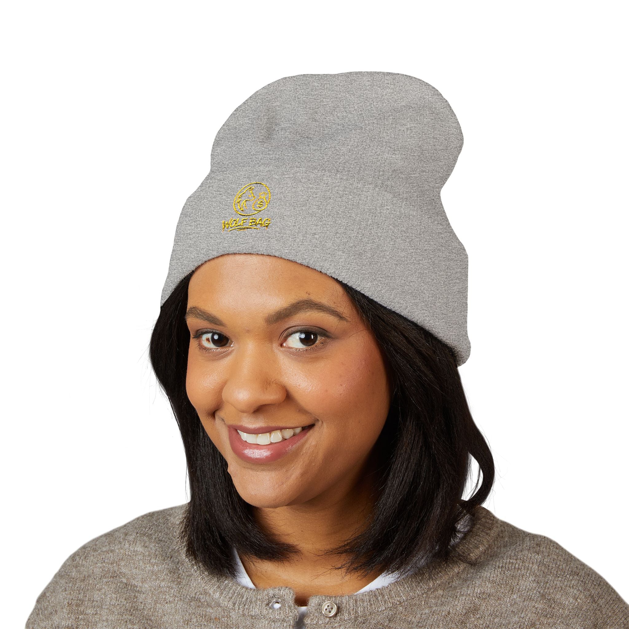 Gold Embroidered Smile Logo Beanie — Classic Cuffed Knit Hat