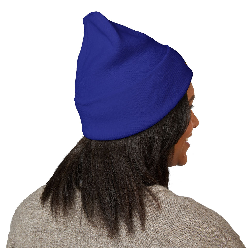 Gold Embroidered Smile Logo Beanie — Classic Cuffed Knit Hat