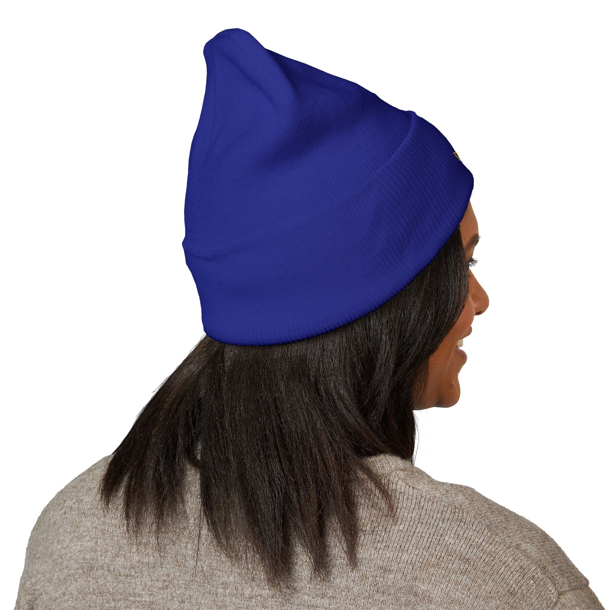 Gold Embroidered Smile Logo Beanie — Classic Cuffed Knit Hat