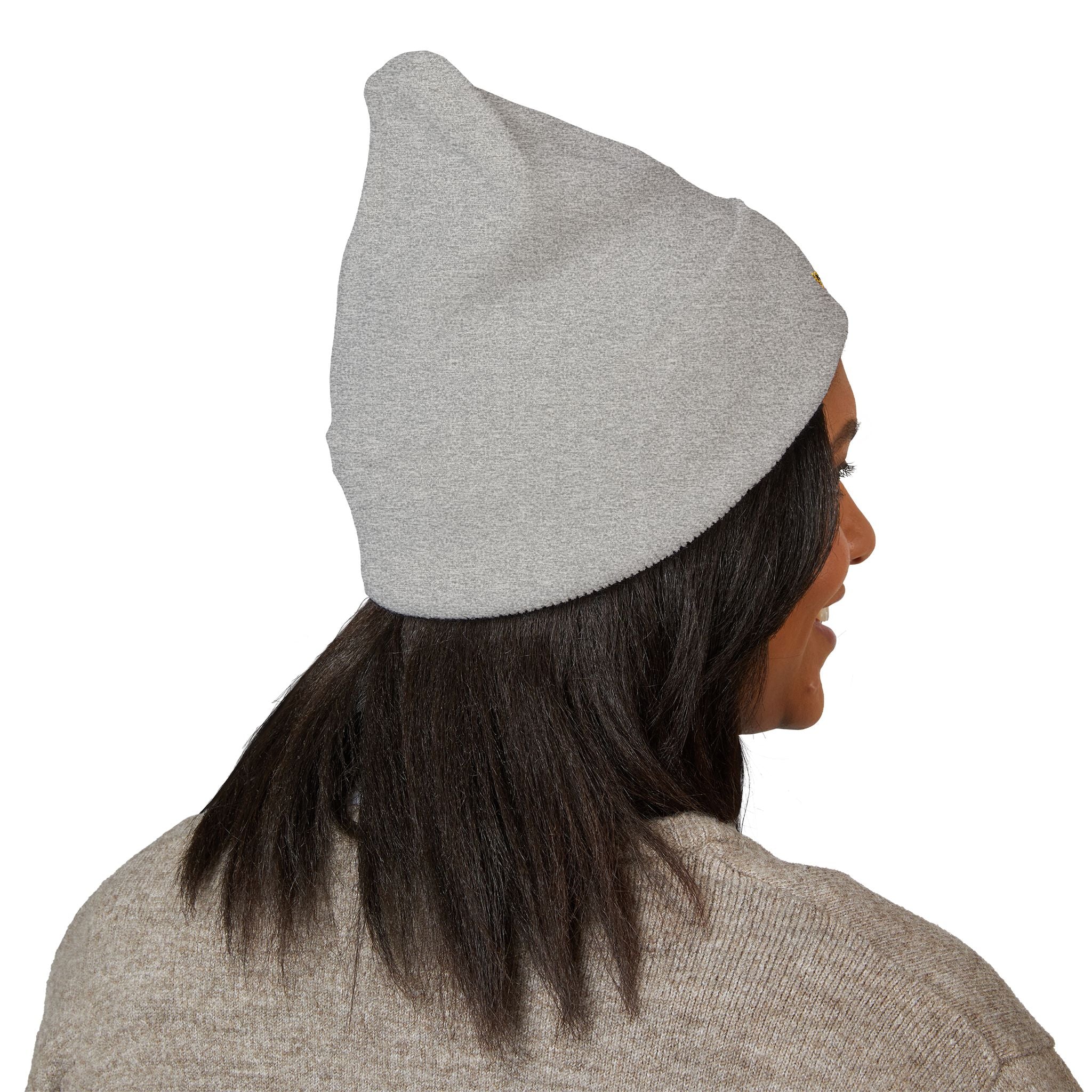 Gold Embroidered Smile Logo Beanie — Classic Cuffed Knit Hat