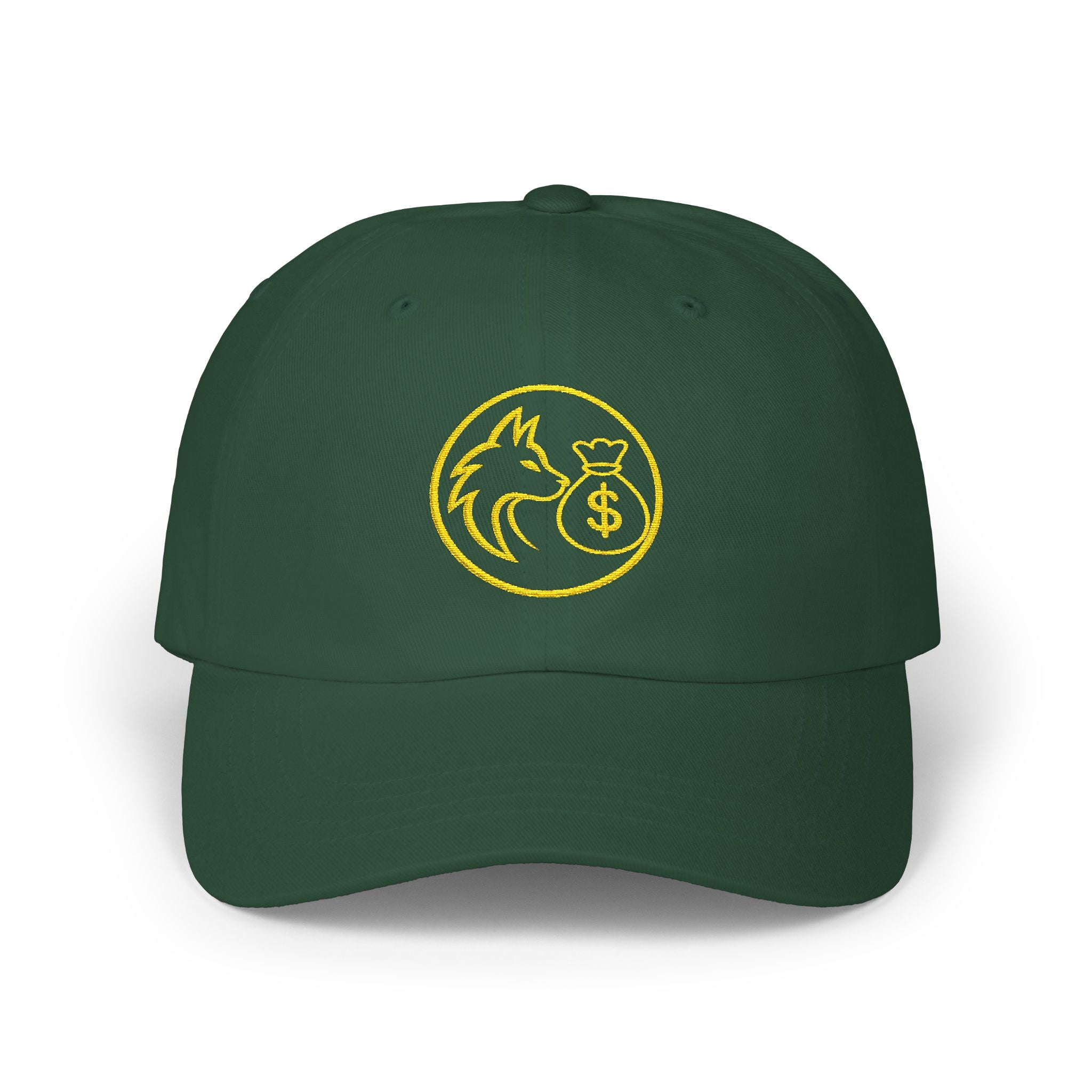 Dad Cap — Gold Wolf & Coin Embroidered Baseball Hat