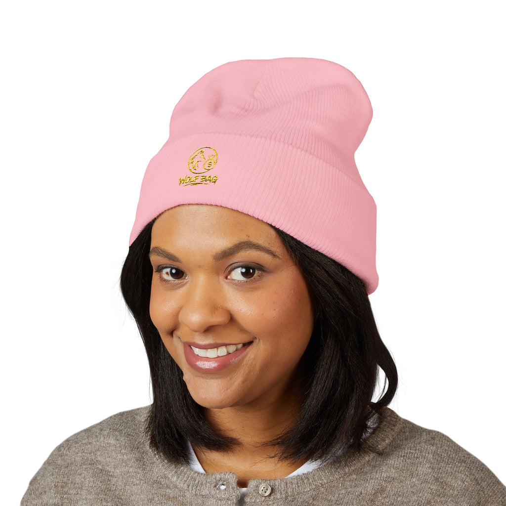 Gold Embroidered Smile Logo Beanie — Classic Cuffed Knit Hat