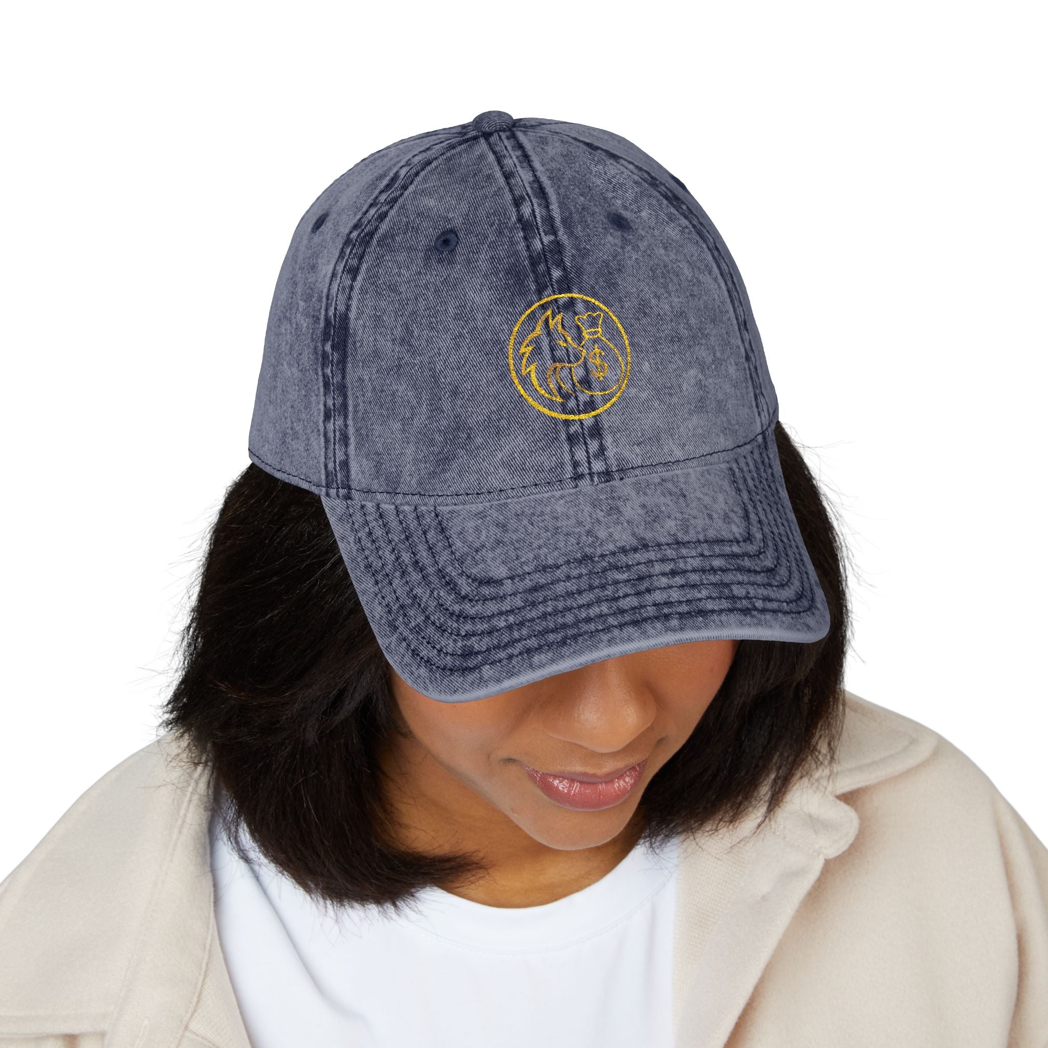 Vintage Embroidered Red Cap — Retro Distressed Hat with Golden Crest