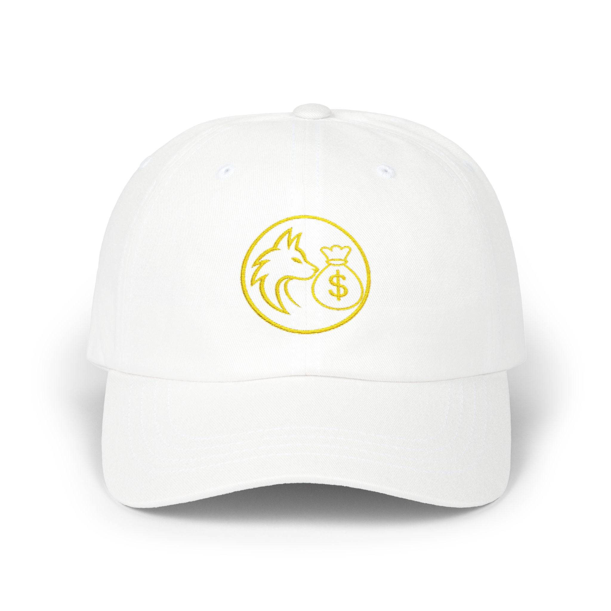Dad Cap — Gold Wolf & Coin Embroidered Baseball Hat