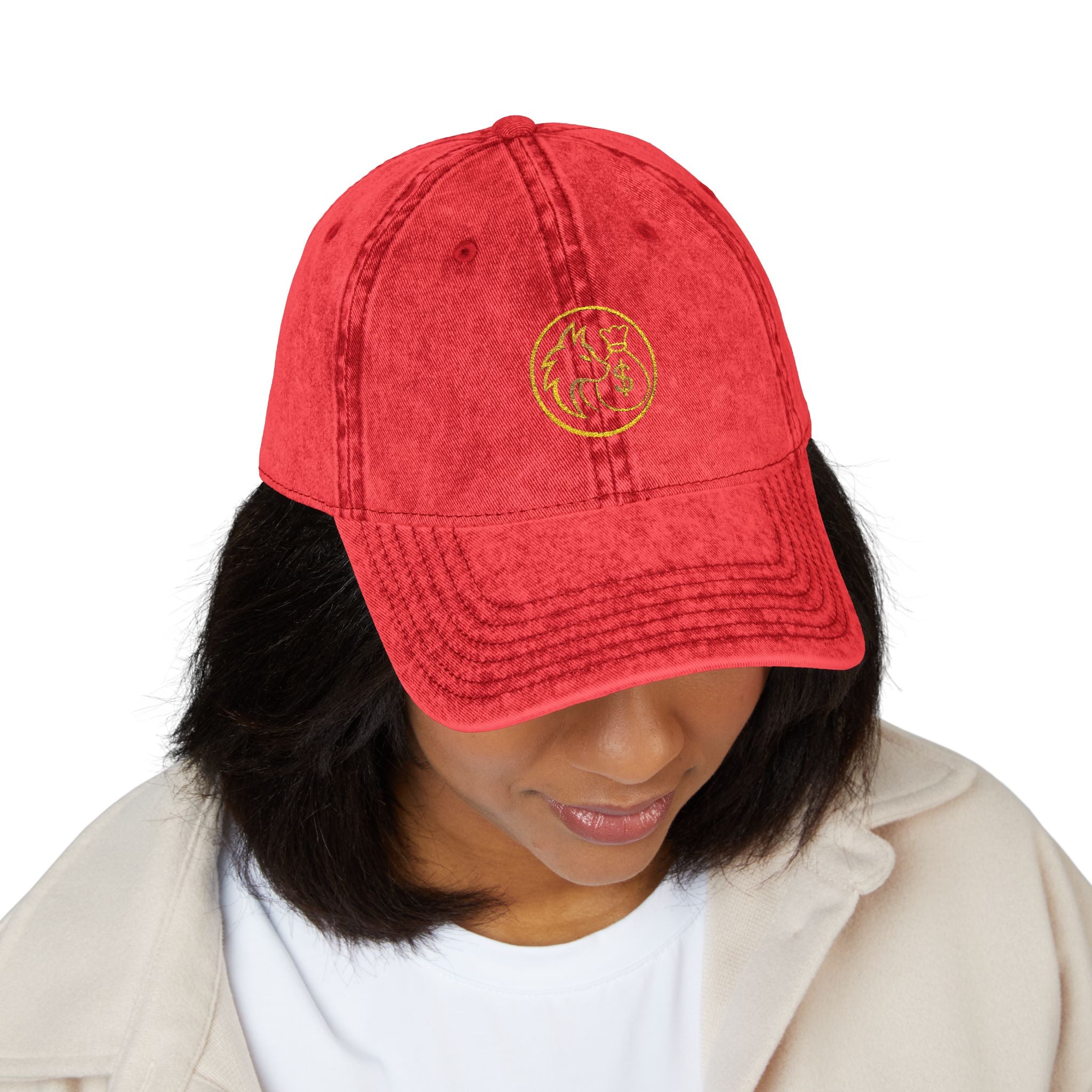 Vintage Embroidered Red Cap — Retro Distressed Hat with Golden Crest