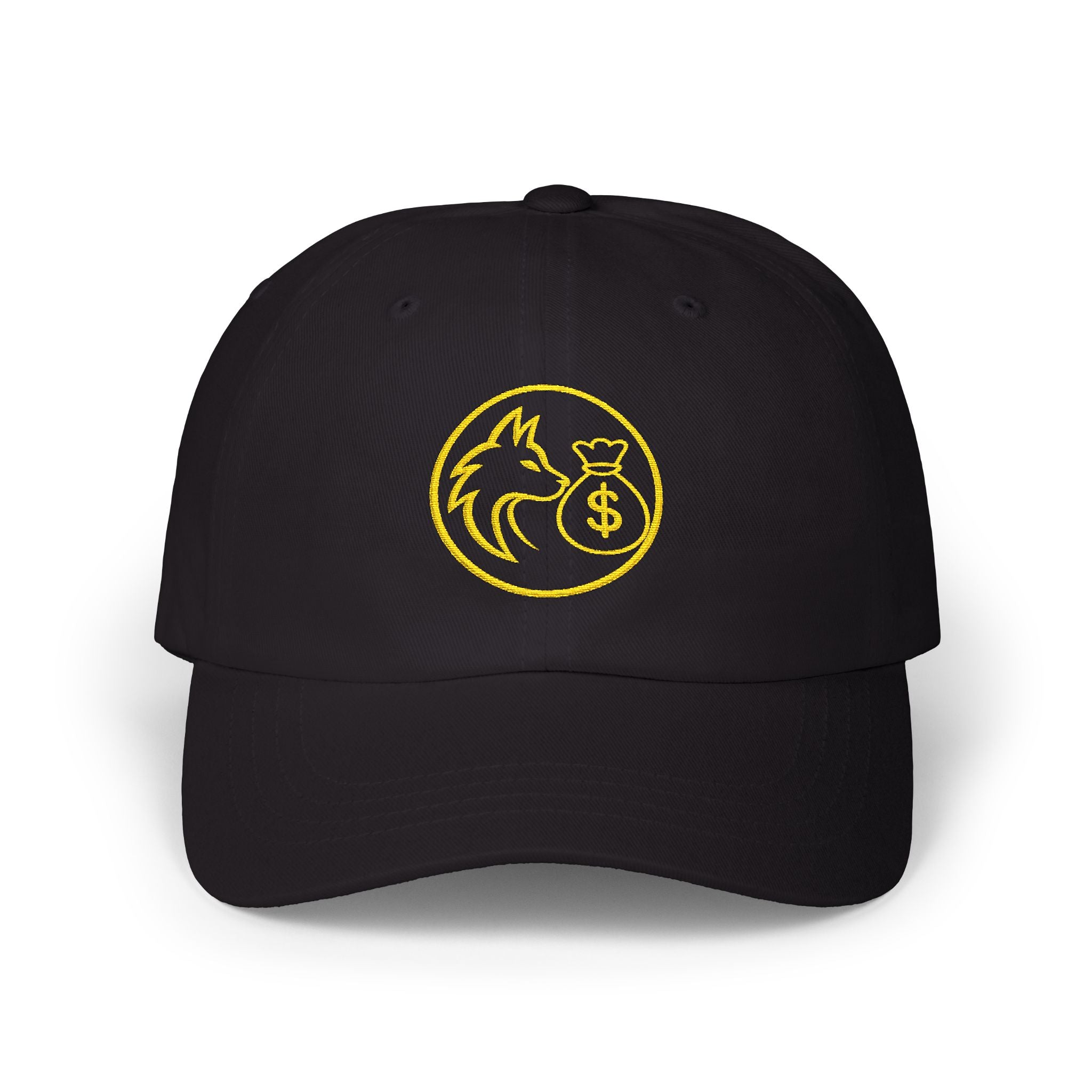 Dad Cap — Gold Wolf & Coin Embroidered Baseball Hat
