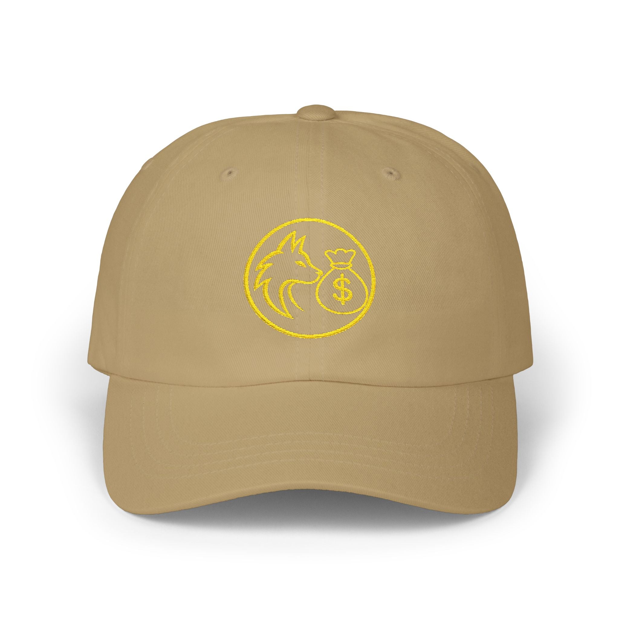 Dad Cap — Gold Wolf & Coin Embroidered Baseball Hat